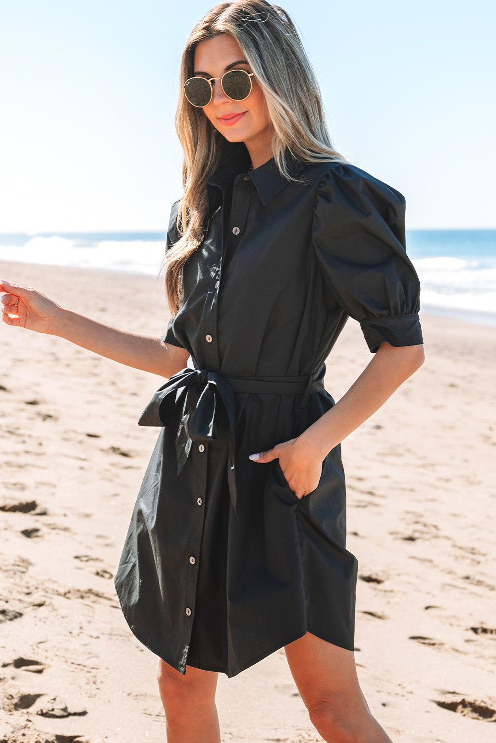 Black Button Up Tie Waist Puff Sleeve Mini Dress-Dresses/Mini Dresses-[Adult]-[Female]-2022 Online Blue Zone Planet