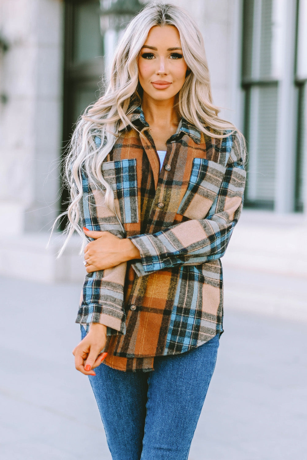 Brown Plaid Color Block Buttoned Shirt with Pockets-Tops/Blouses & Shirts-[Adult]-[Female]-2022 Online Blue Zone Planet