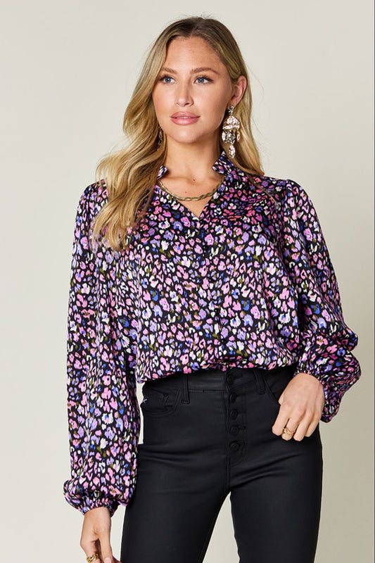 Blue Zone Planet | Double Take Full Size Printed Balloon Sleeve Shirt-TOPS / DRESSES-[Adult]-[Female]-Purple-S-2022 Online Blue Zone Planet