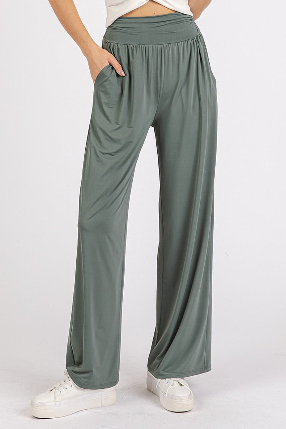 Mittoshop Stretch Banded Waist Wide Leg Pants with Pockets-BOTTOM SIZES SMALL MEDIUM LARGE-[Adult]-[Female]-Army Green-S-2022 Online Blue Zone Planet