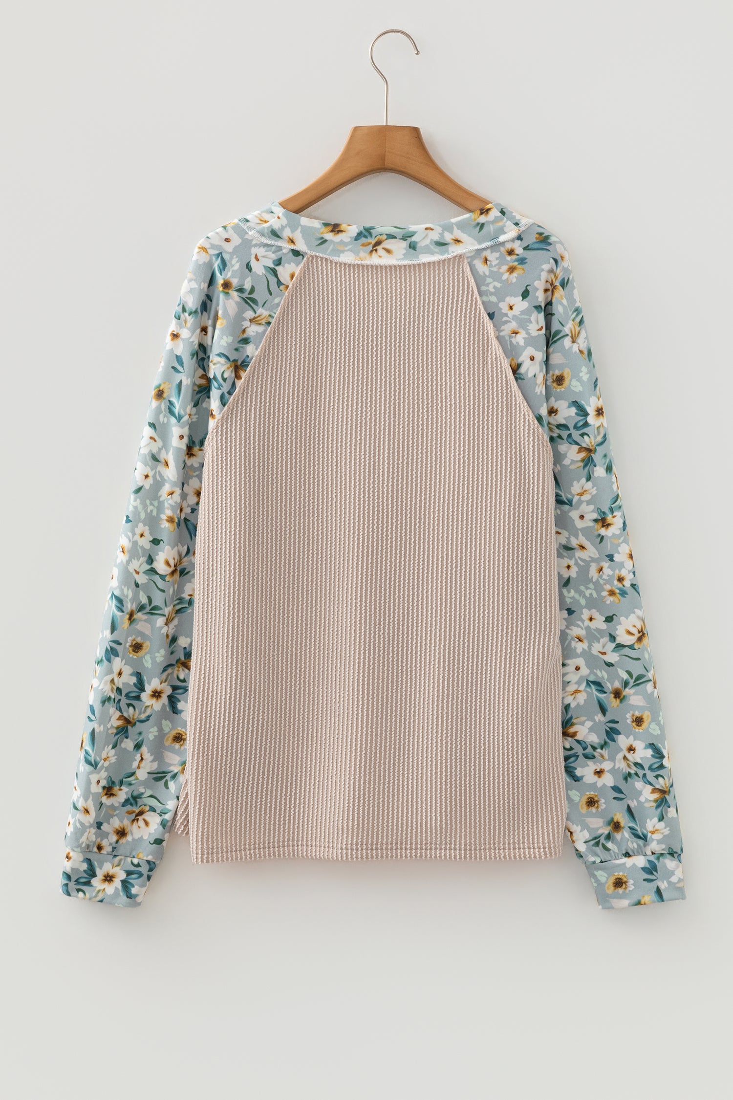 Parchment Twist Ribbed Floral Contrast Patchwork Long Sleeve Top-Tops/Long Sleeve Tops-[Adult]-[Female]-2022 Online Blue Zone Planet