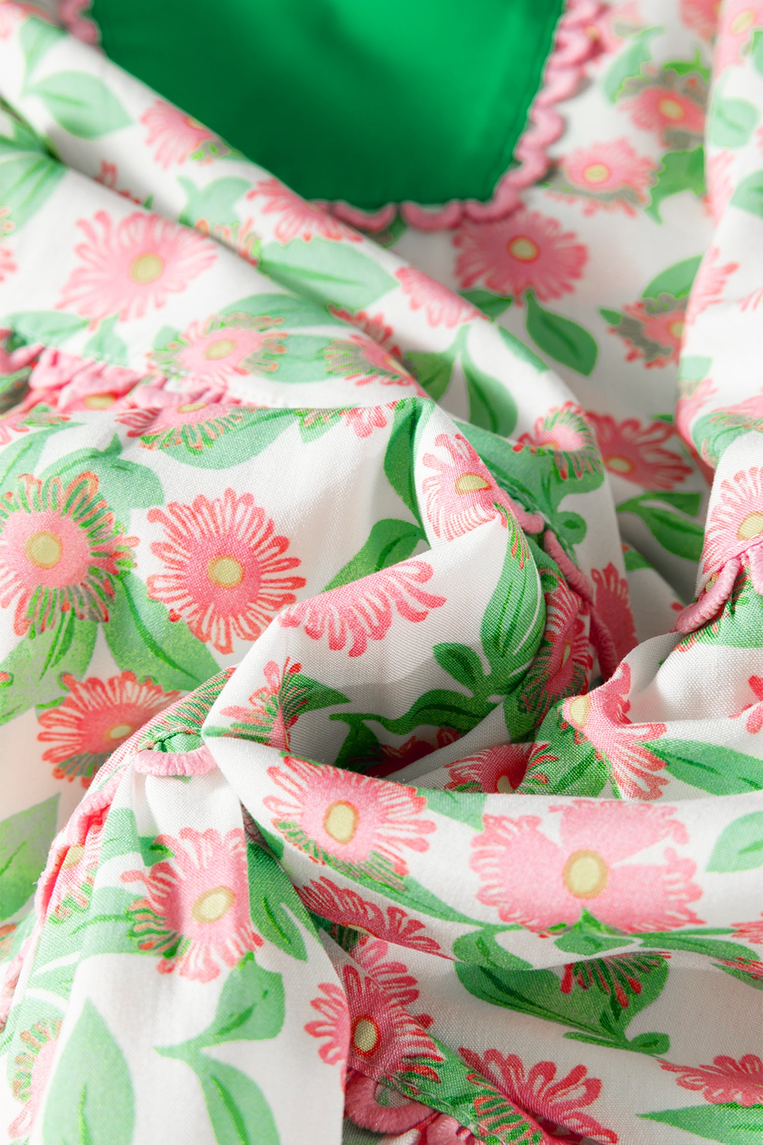 Green Contrast Neckline Ricrac Trim Floral Short Puff Sleeve Dress-TOPS / DRESSES-[Adult]-[Female]-2022 Online Blue Zone Planet