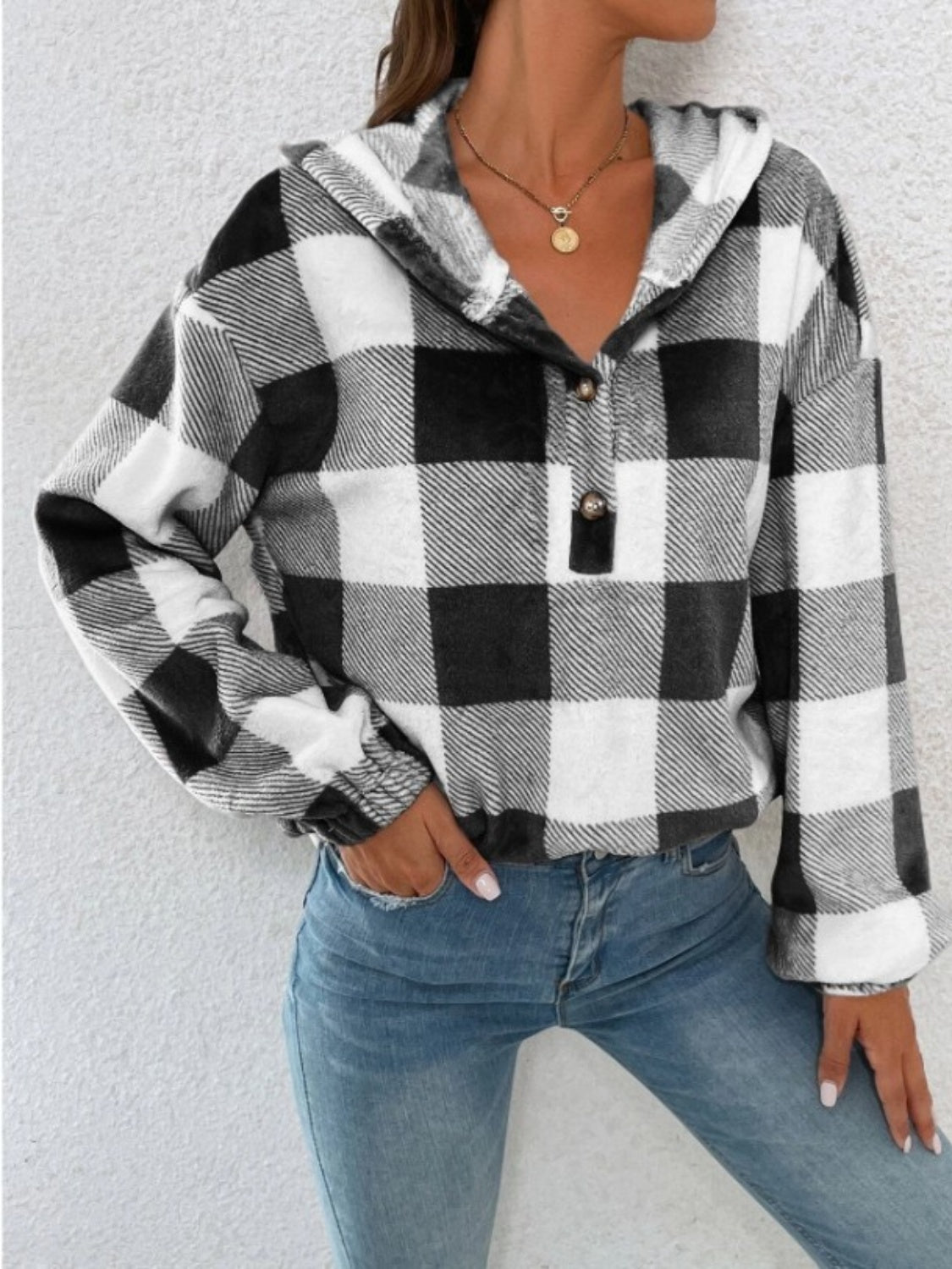 Plaid Half Button Long Sleeve Hoodie-TOPS / DRESSES-[Adult]-[Female]-Black-S-2022 Online Blue Zone Planet