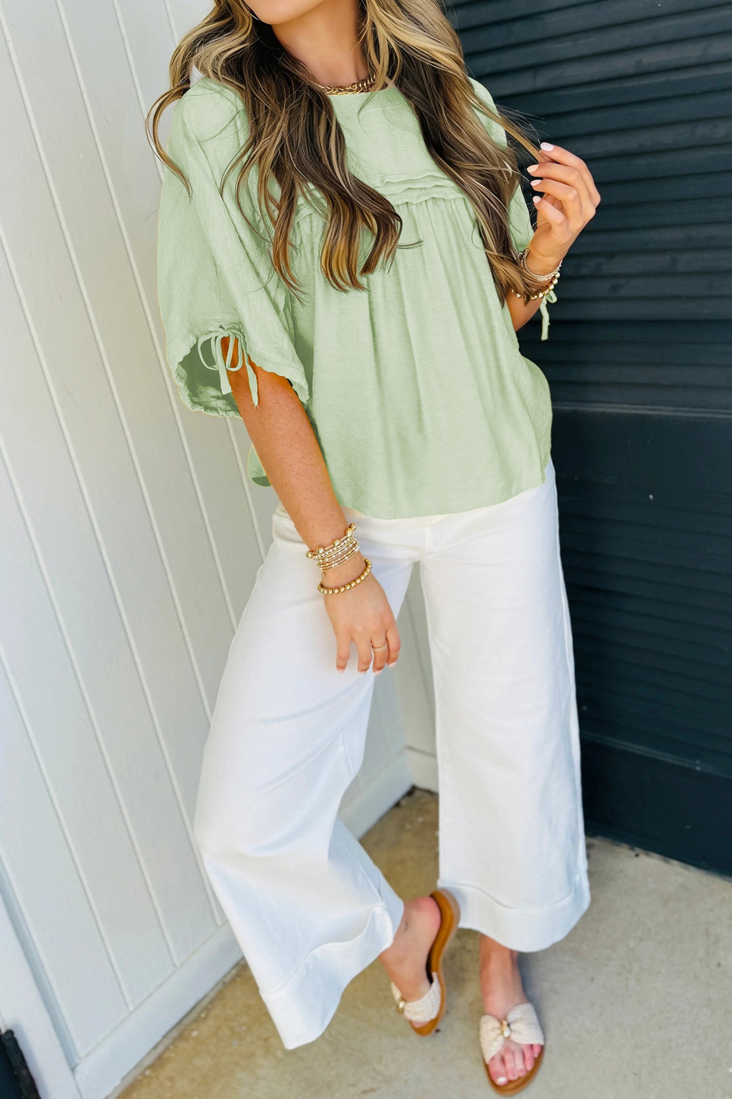 Meadow Mist Green Tie Half Sleeve Pleated Detail Babydoll Blouse-Tops/Blouses & Shirts-[Adult]-[Female]-2022 Online Blue Zone Planet