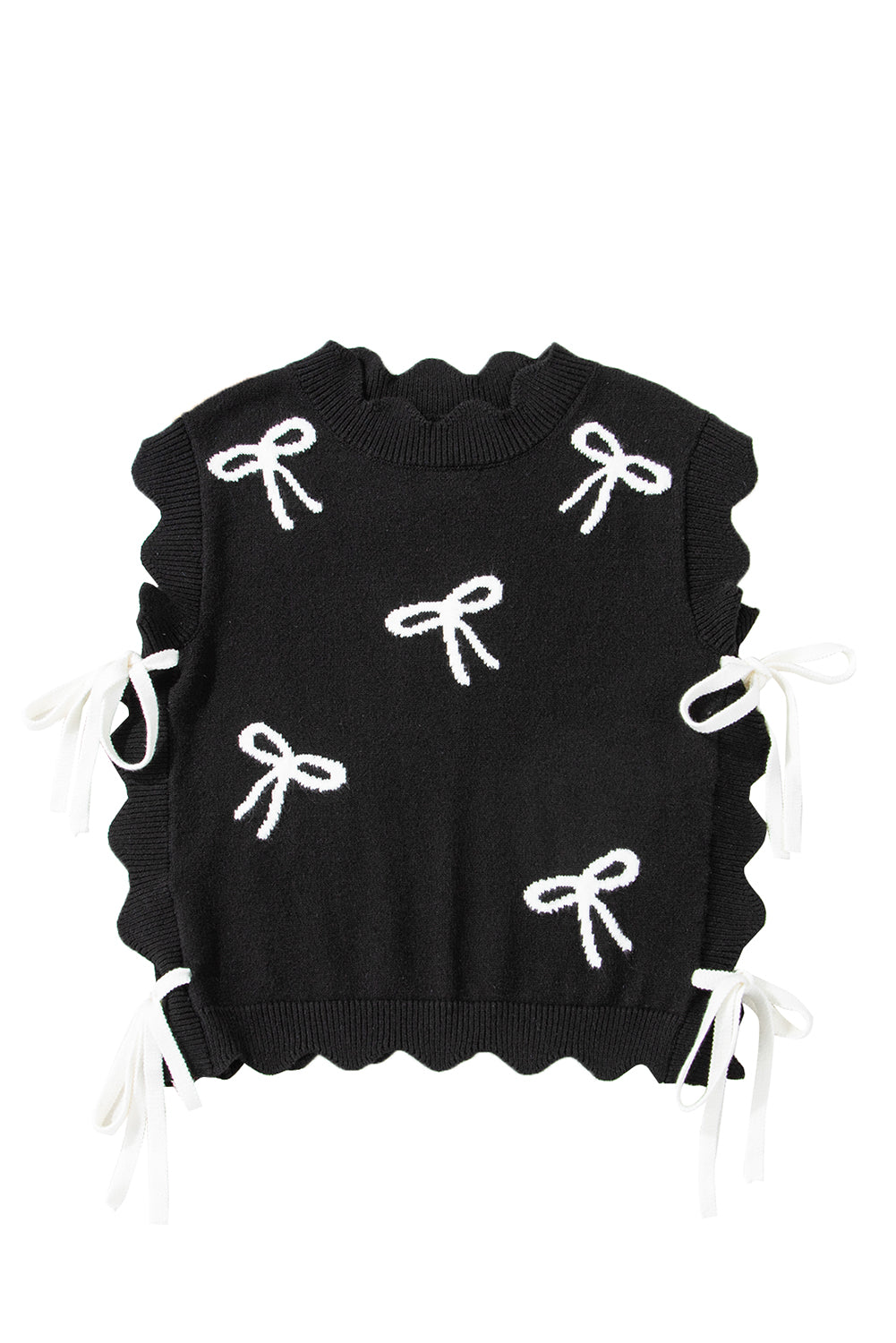 Black Bow Print Side Ties Scalloped Hem Sweater T Shirt-Sweaters & Cardigans/Short Sleeve Sweaters-[Adult]-[Female]-2022 Online Blue Zone Planet