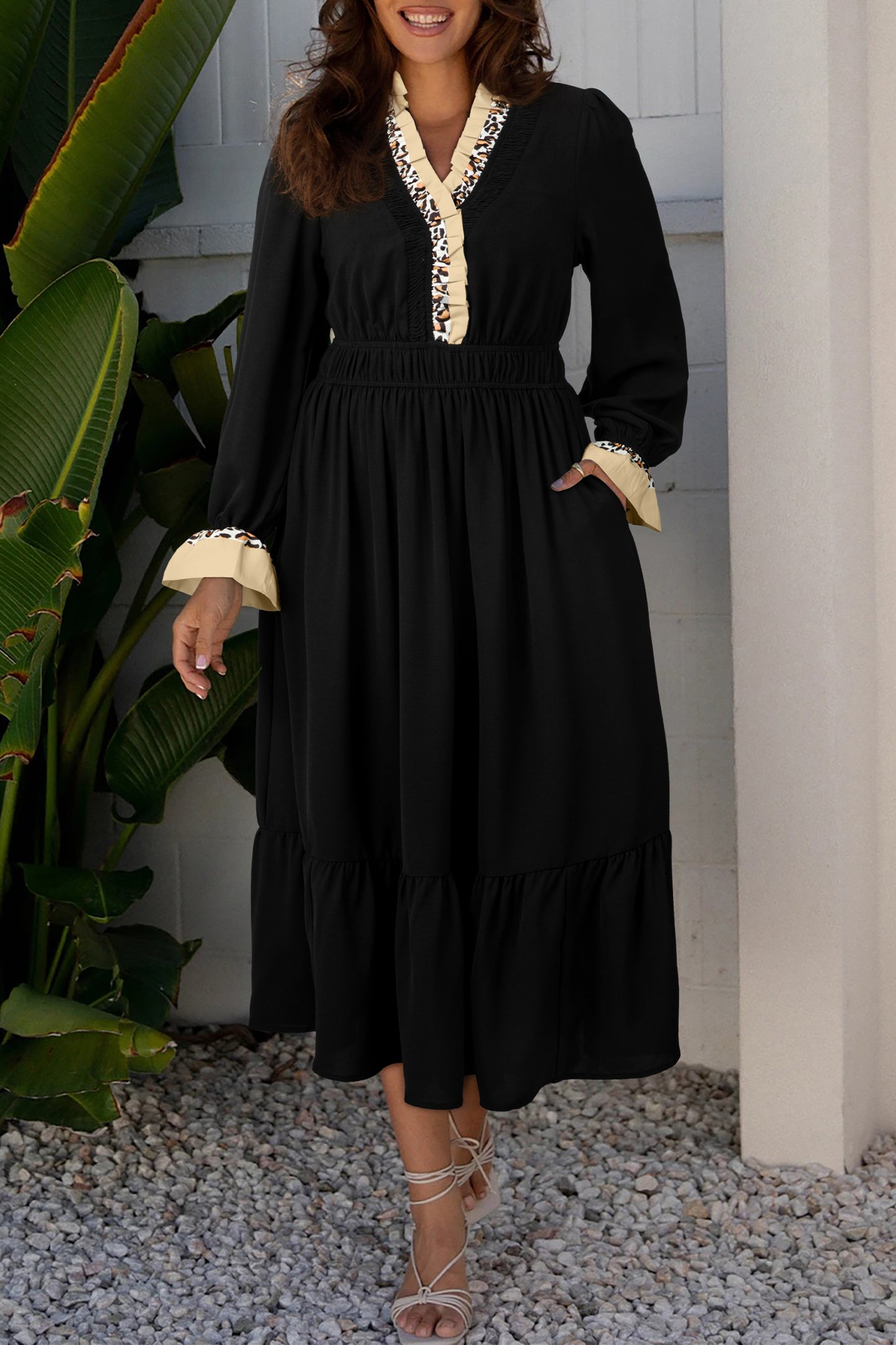 Black Contrast Leopard Frilled Trim V Neck Bracelet Sleeve Midi Dress-TOPS / DRESSES-[Adult]-[Female]-2022 Online Blue Zone Planet