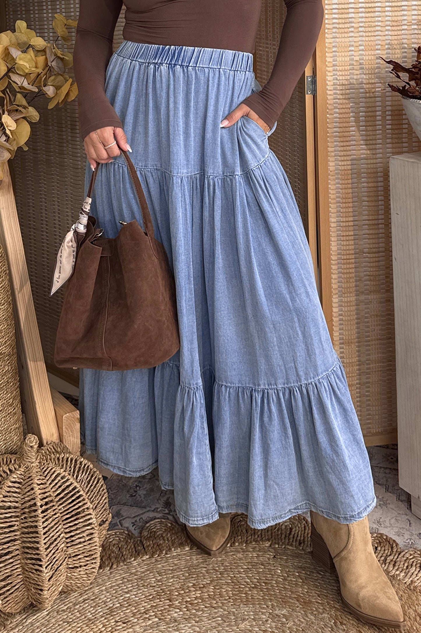 Beau Blue Elastic Waist Ruffled Tiered Flared Denim Maxi Skirt-Bottoms/Skirts & Petticoat-[Adult]-[Female]-2022 Online Blue Zone Planet