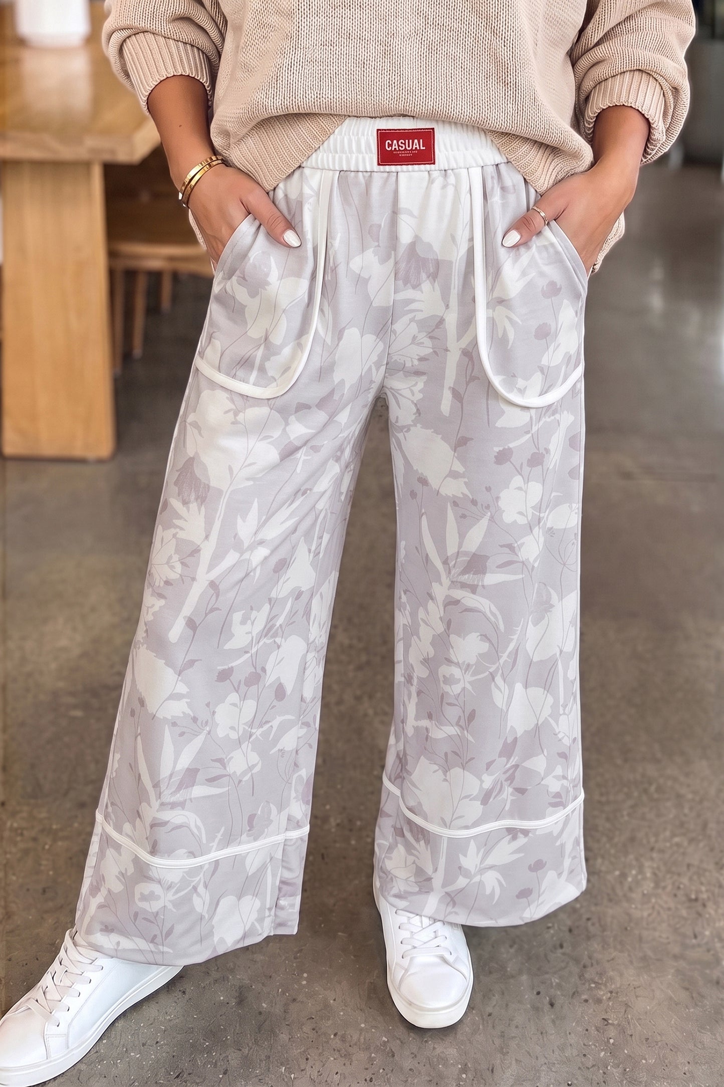 Gray Floral Print Wide Leg Ankle-Length Elastic Waistband Pants-Bottoms/Pants & Culotte-[Adult]-[Female]-2022 Online Blue Zone Planet