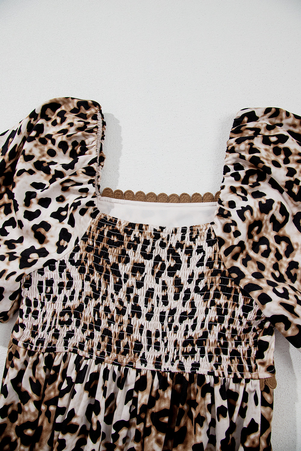 Brown Leopard Print Puff Sleeve Ricrac Maxi Dress-Maxi Dresses-[Adult]-[Female]-2022 Online Blue Zone Planet
