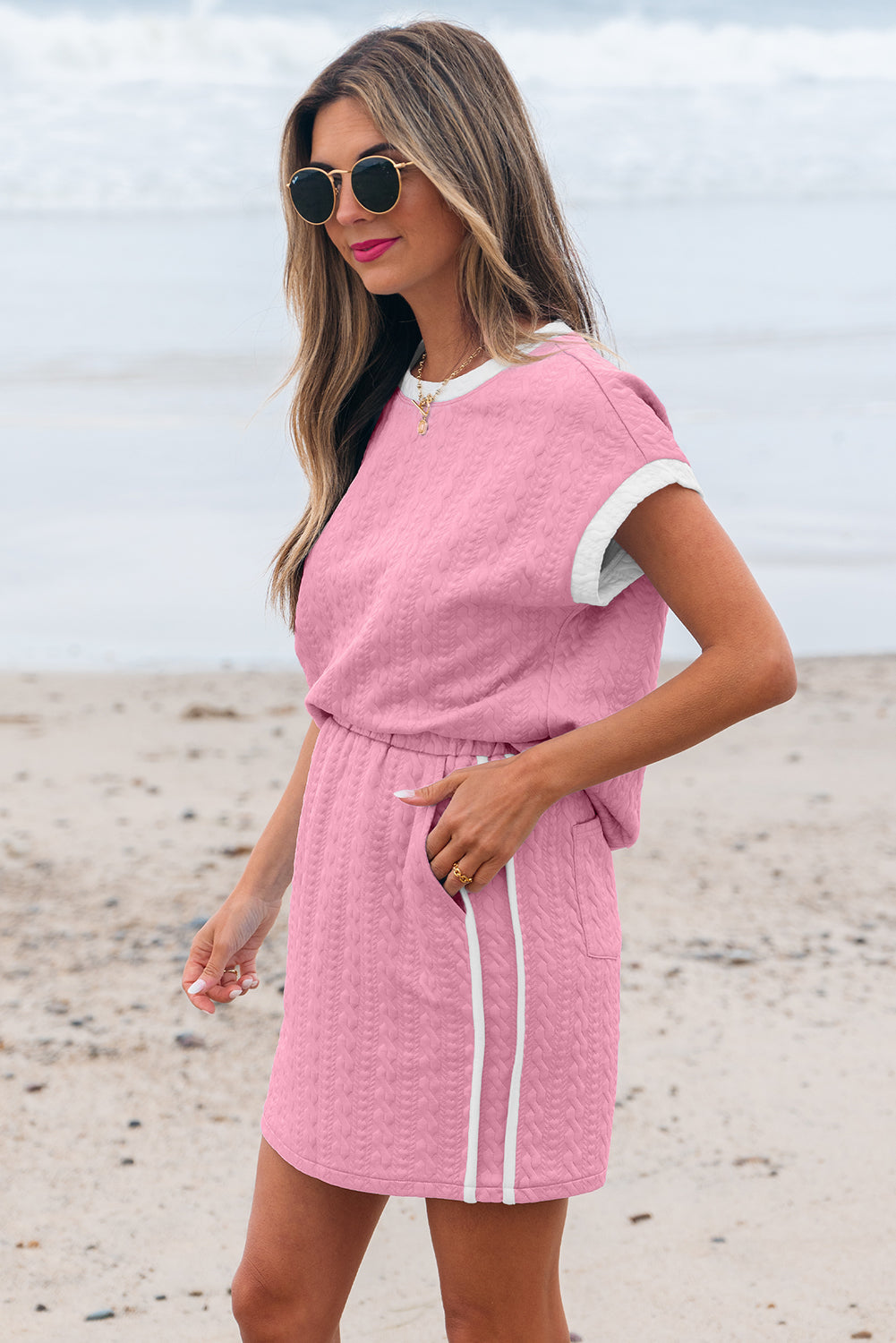 Pink Contrast Trim Textured Crewneck Tee and Pocketed Skirt Set-Two Piece Sets/Two Piece Dresses-[Adult]-[Female]-2022 Online Blue Zone Planet