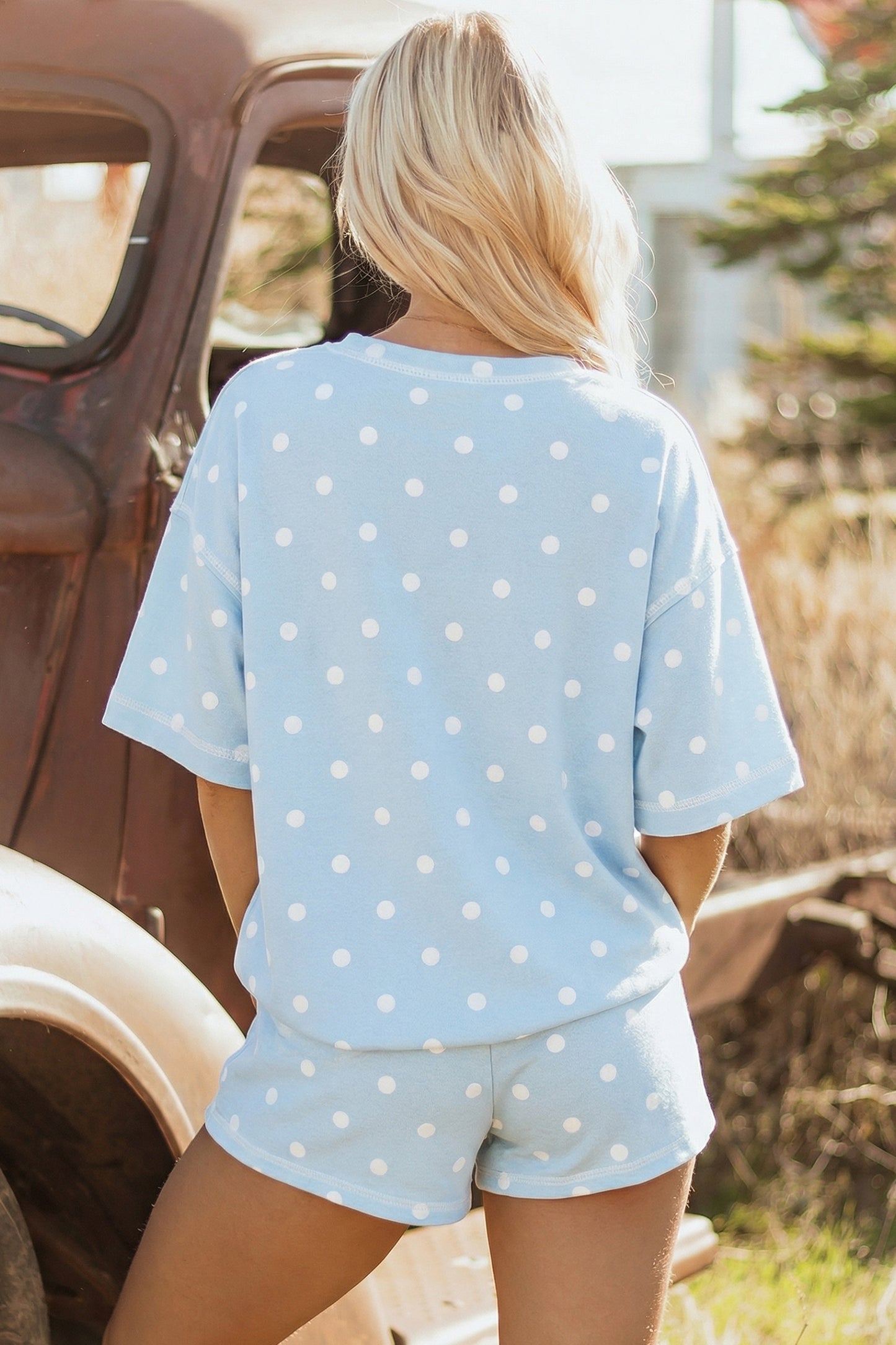 White Exposed Seam Detail Polka Dot Loose Tee Drawstring Shorts Set-Two Piece Sets/Short Sets-[Adult]-[Female]-2022 Online Blue Zone Planet