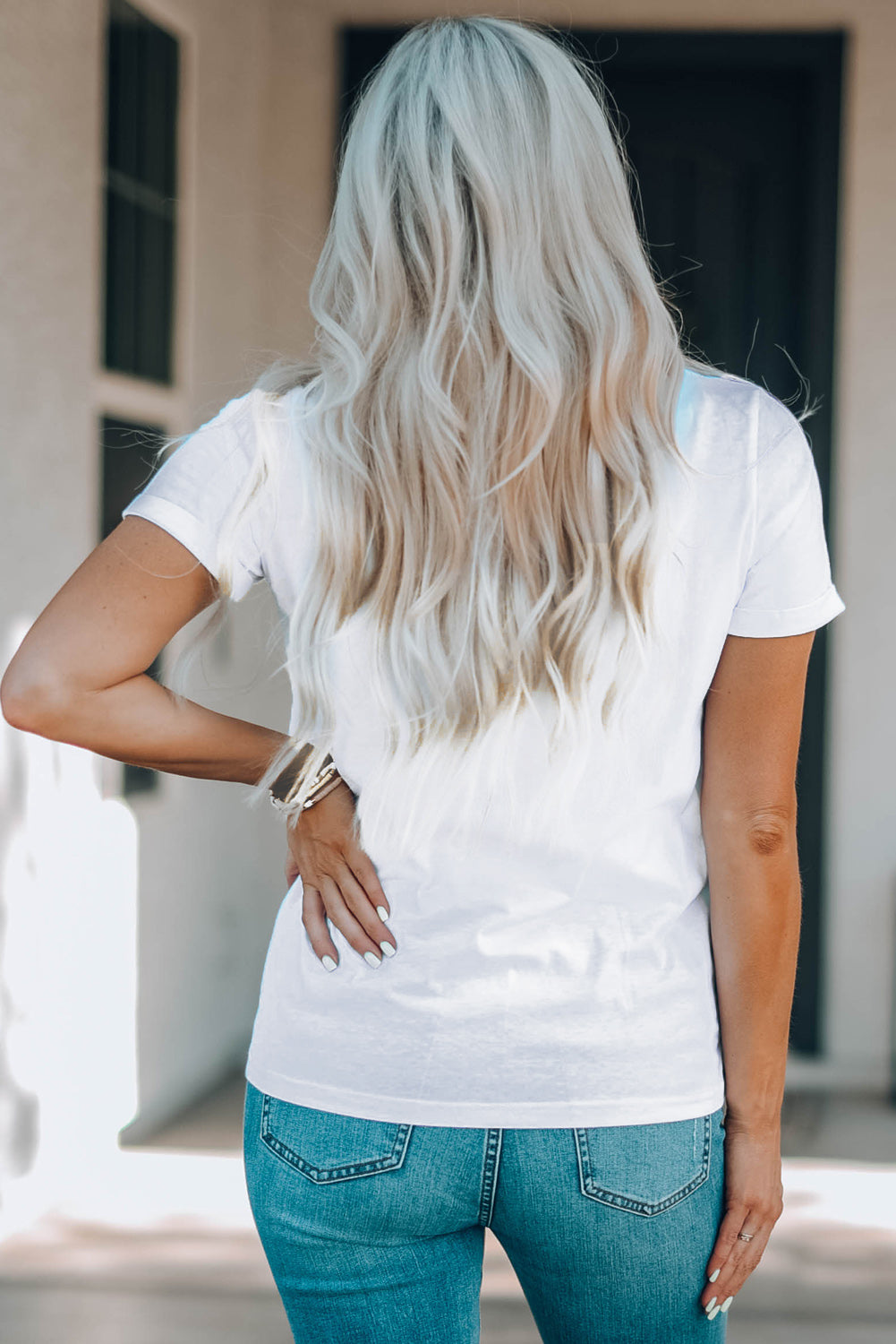 White Rabbit Bow Knot Print Crew Neck T Shirt-Graphic/Graphic Tees-[Adult]-[Female]-2022 Online Blue Zone Planet