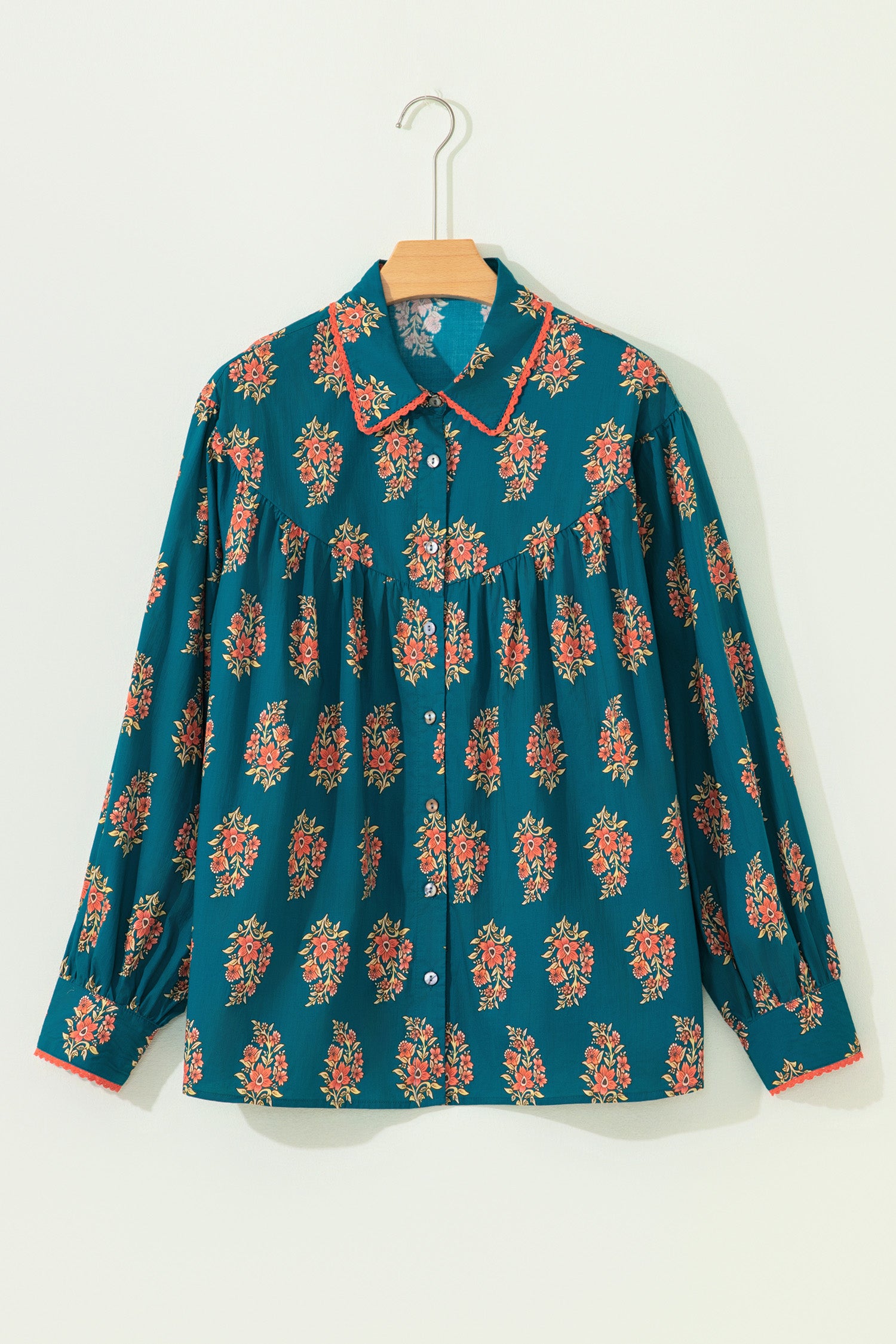 Green Plus Size Floral Print Contrast Lacy Trim Pleated Loose Shirt-Plus Size/Plus Size Tops/Plus Size Blouses & Shirts-[Adult]-[Female]-2022 Online Blue Zone Planet