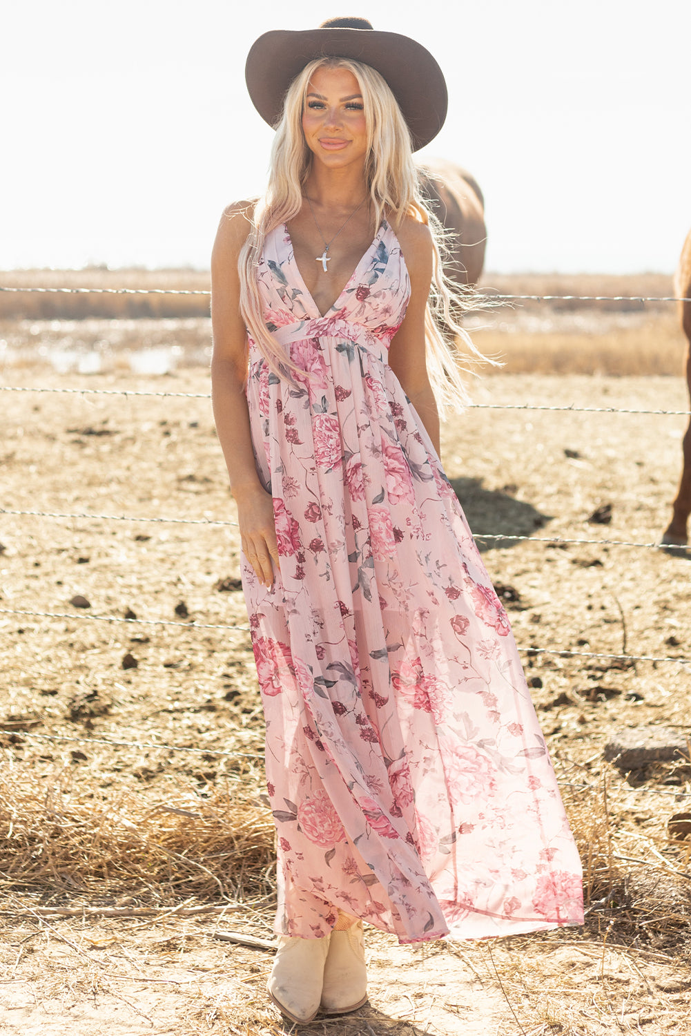 Pink Floral Pleated Bust Deep V Empire Waist Backless Maxi Dress-TOPS / DRESSES-[Adult]-[Female]-2022 Online Blue Zone Planet