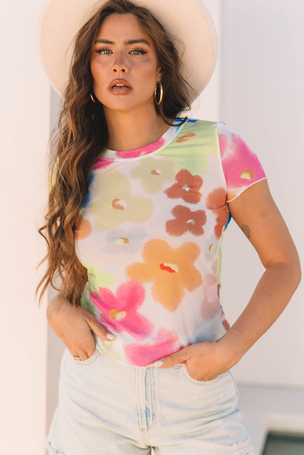 Multicolour Floral Mesh Lettuce Trim Cropped T Shirt-Tops/Tops & Tees-[Adult]-[Female]-2022 Online Blue Zone Planet