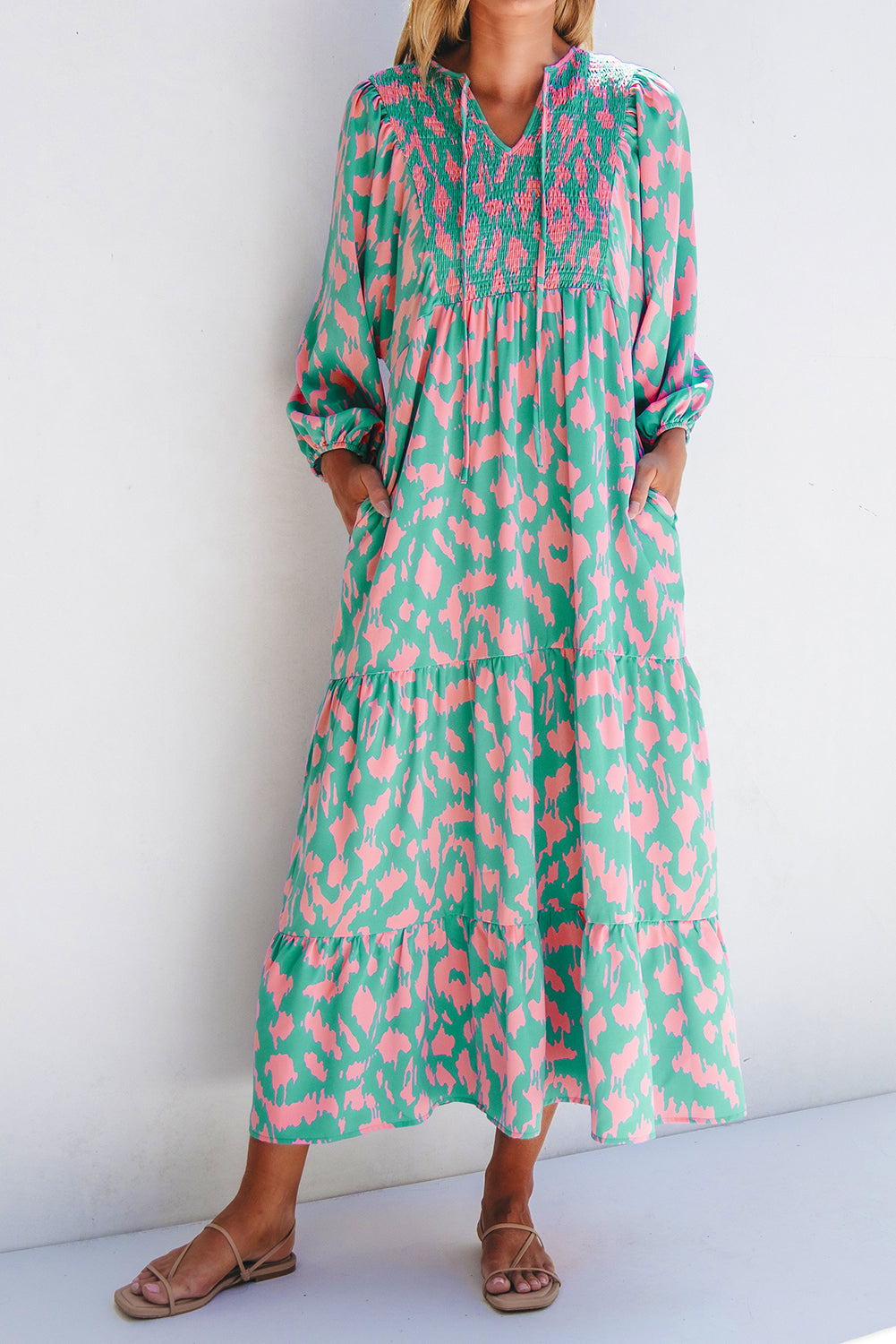 Blue Zone Planet | Green Abstract Print Puff Sleeve Tied Notched Neck Long Dress-TOPS / DRESSES-[Adult]-[Female]-2022 Online Blue Zone Planet