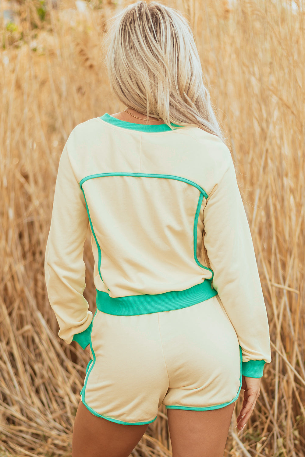 White Contrast Trim Colorblock Long Sleeve Pullover and Drawstring Shorts 2pcs Outfit-Two Piece Sets/Short Sets-[Adult]-[Female]-2022 Online Blue Zone Planet