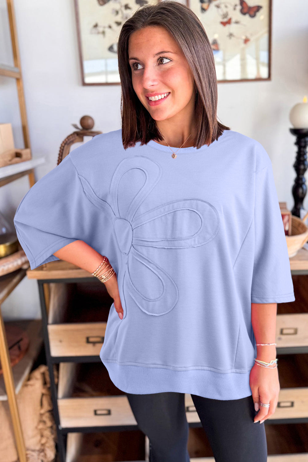Beau Blue Floral Patched Half Sleeve Tunic Top-Tops/Tops & Tees-[Adult]-[Female]-2022 Online Blue Zone Planet