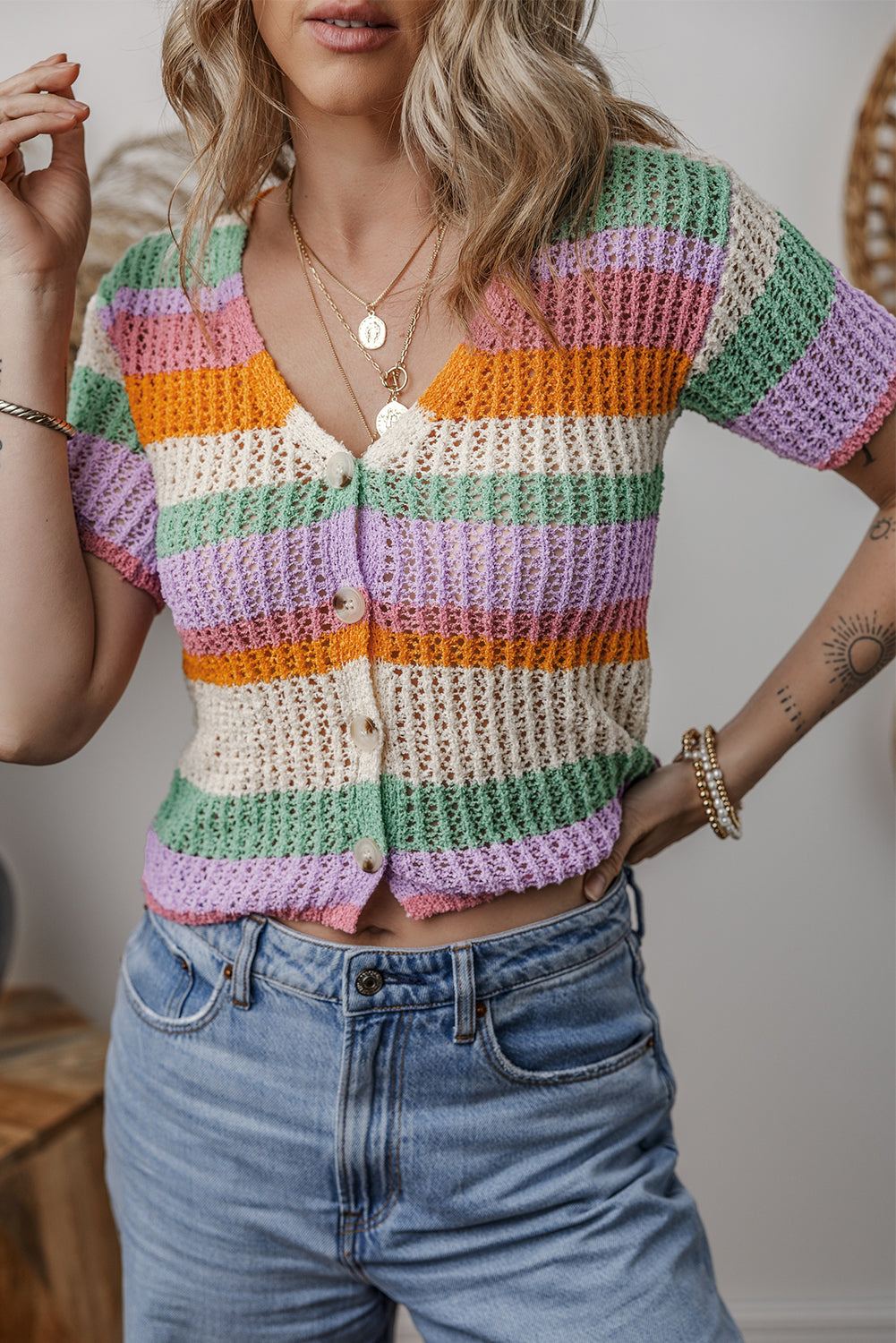 Orange Colorblock Striped Pointelle Knit V Neck Buttoned Crop Short Sleeve Sweater-Sweaters & Cardigans/Short Sleeve Sweaters-[Adult]-[Female]-2022 Online Blue Zone Planet