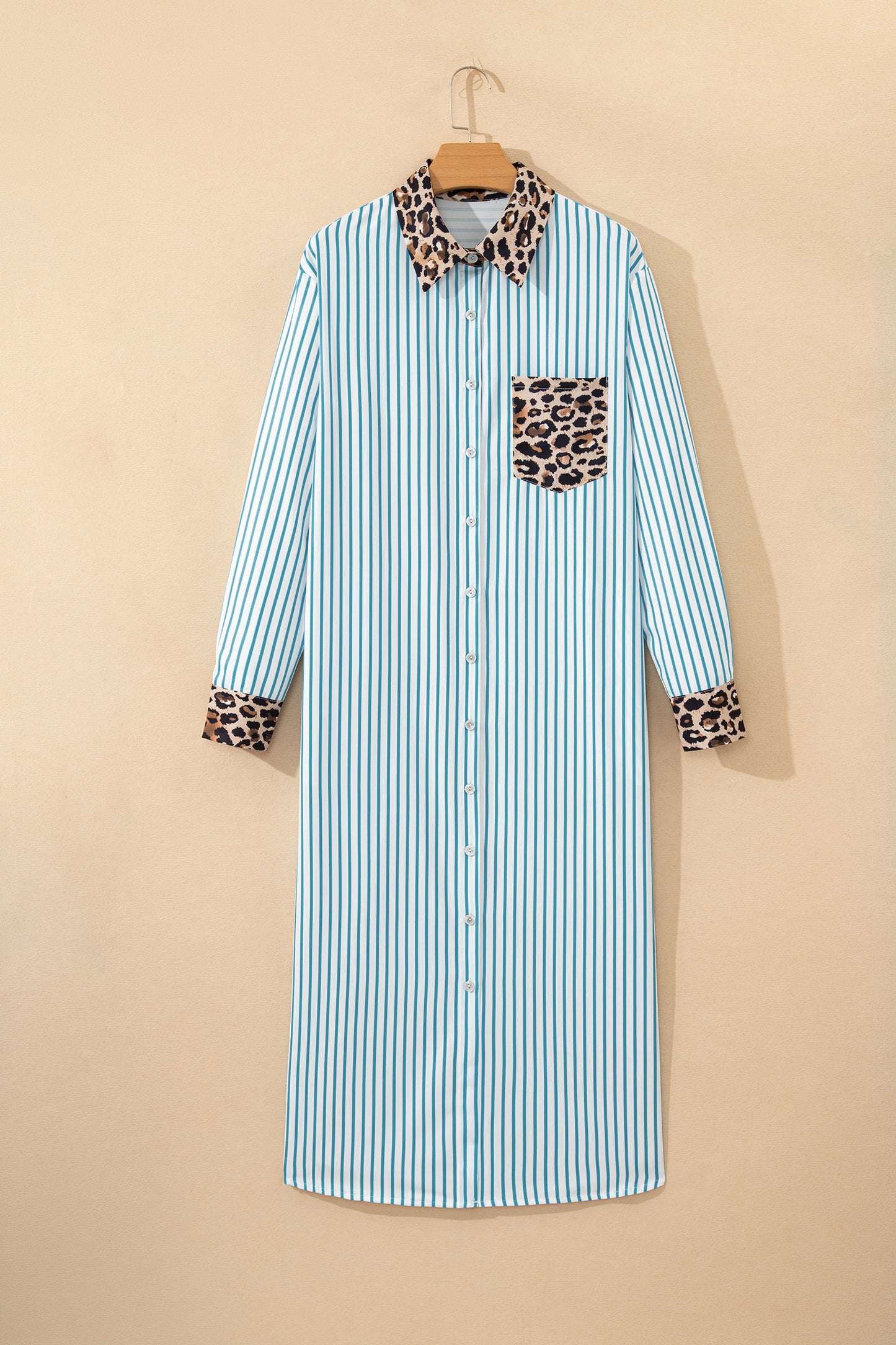 Sky Blue Stripe Contrast Leopard Patchwork Long Shirt Dress with Slits-TOPS / DRESSES-[Adult]-[Female]-2022 Online Blue Zone Planet