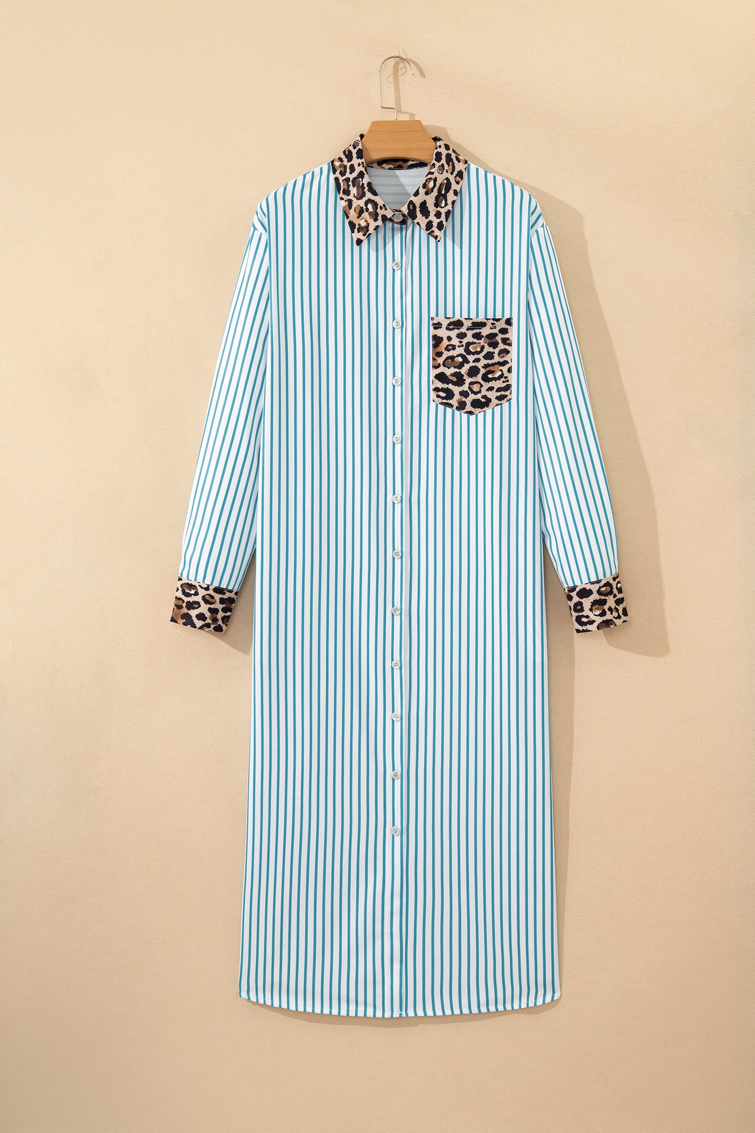 Sky Blue Stripe Contrast Leopard Patchwork Long Shirt Dress with Slits-TOPS / DRESSES-[Adult]-[Female]-2022 Online Blue Zone Planet