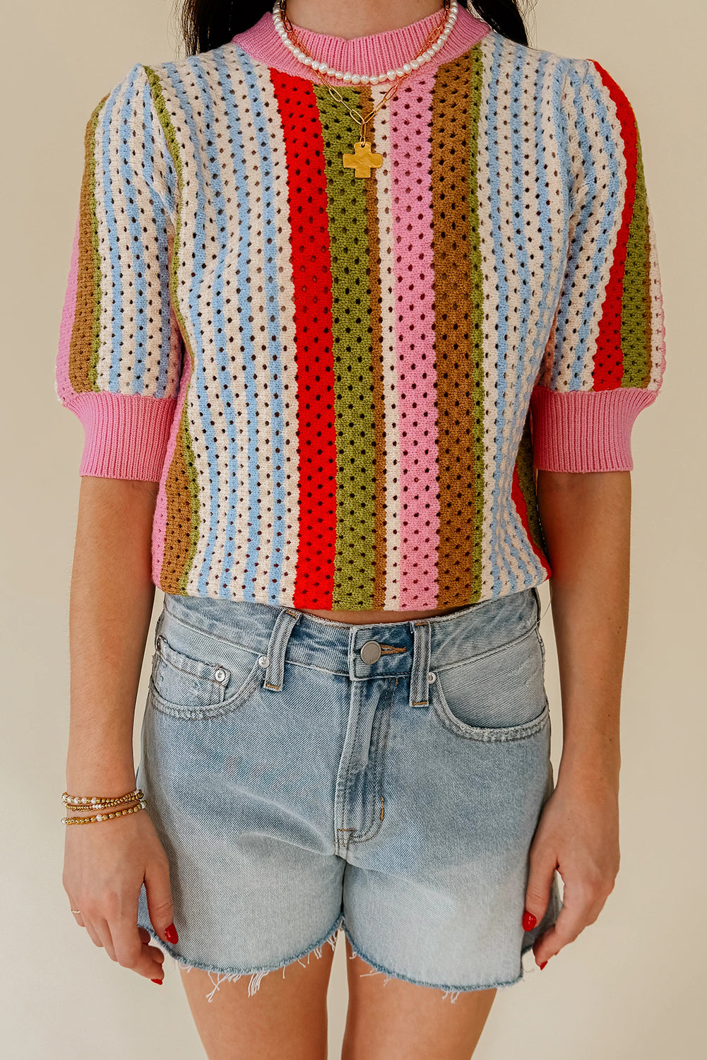 Multicolour Striped Pointelle Knit Short Sleeve Sweater-Sweaters & Cardigans/Short Sleeve Sweaters-[Adult]-[Female]-2022 Online Blue Zone Planet