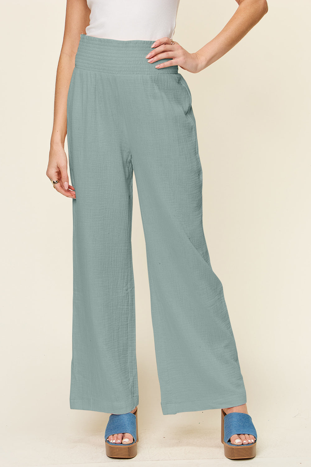 Double Take Full Size Texture Smocked Waist Wide Leg Pants-BOTTOMS SIZES SMALL MEDIUM LARGE-[Adult]-[Female]-Teal-S-2022 Online Blue Zone Planet