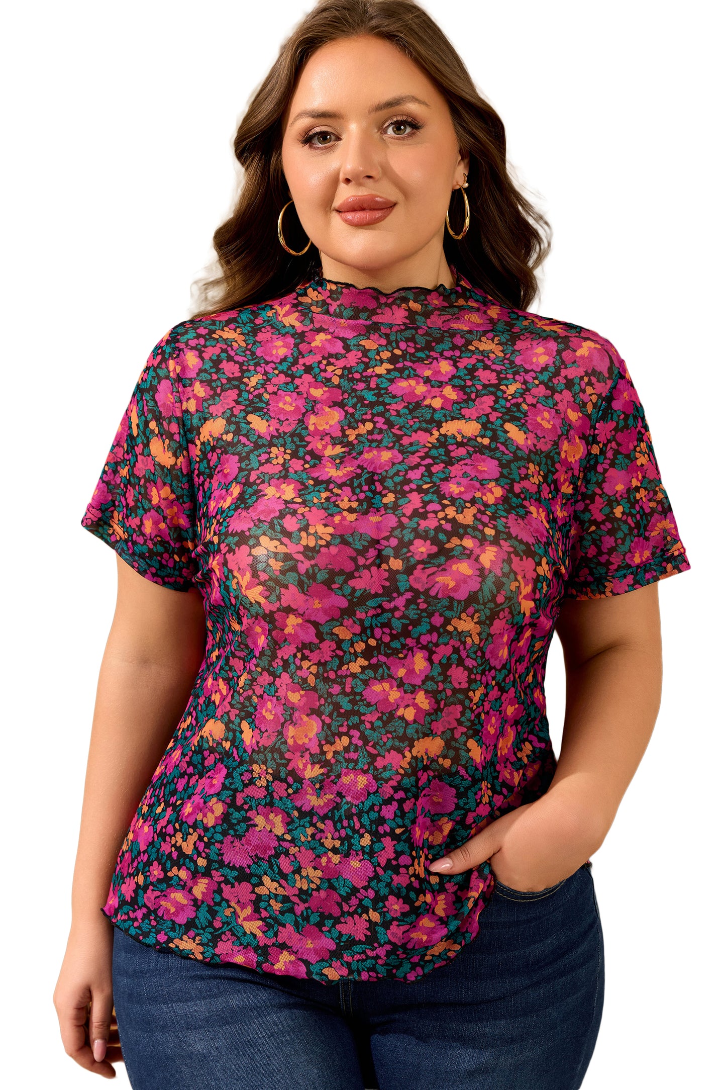 Rose Plus Size Floral Mesh Short Sleeve Top-Plus Size/Plus Size Tops/Plus Size Tops & Tees-[Adult]-[Female]-2022 Online Blue Zone Planet