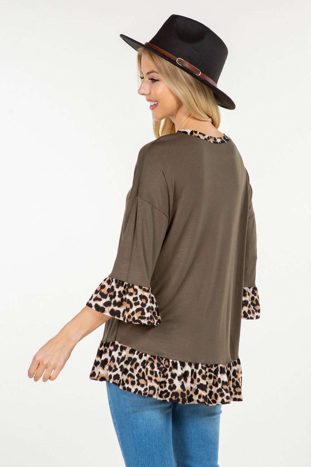 Celeste Full Size Flounce Sleeve Leopard Trim Top-TOPS / DRESSES-[Adult]-[Female]-2022 Online Blue Zone Planet