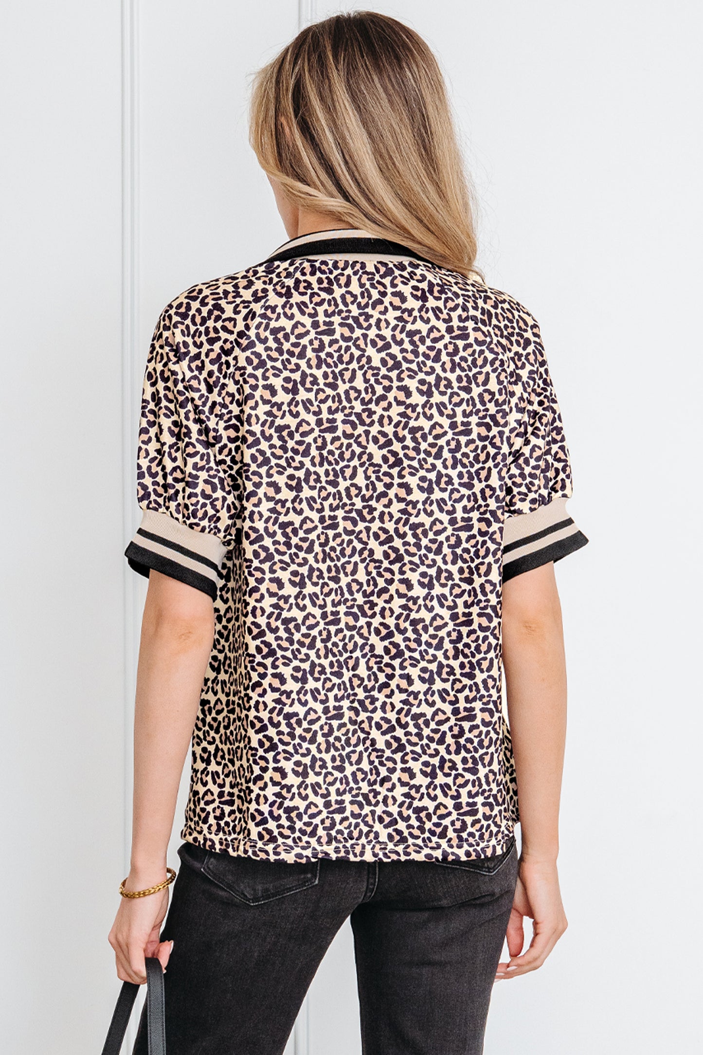 Brown Leopard Print Half Zip Striped Trim Patchwork Short Sleeve Top-Tops/Blouses & Shirts-[Adult]-[Female]-2022 Online Blue Zone Planet