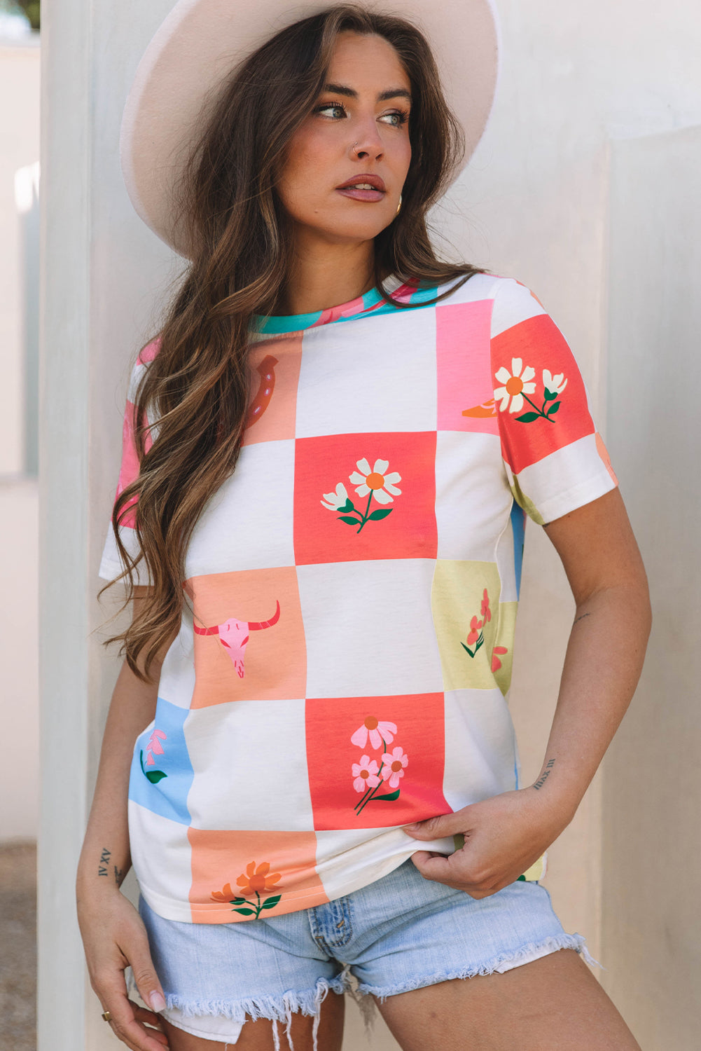 Orange Western Fashion Checker Print Crewneck T Shirt-Tops/Tops & Tees-[Adult]-[Female]-2022 Online Blue Zone Planet