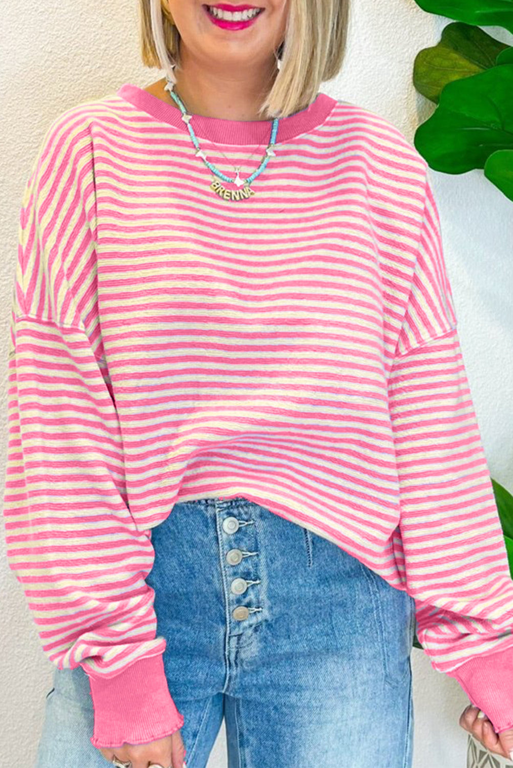 Blue Zone Planet | Green Stripe Drop Shoulder Long Sleeve Top-Long Sleeve Tops-[Adult]-[Female]-Pink Stripe-S-2022 Online Blue Zone Planet