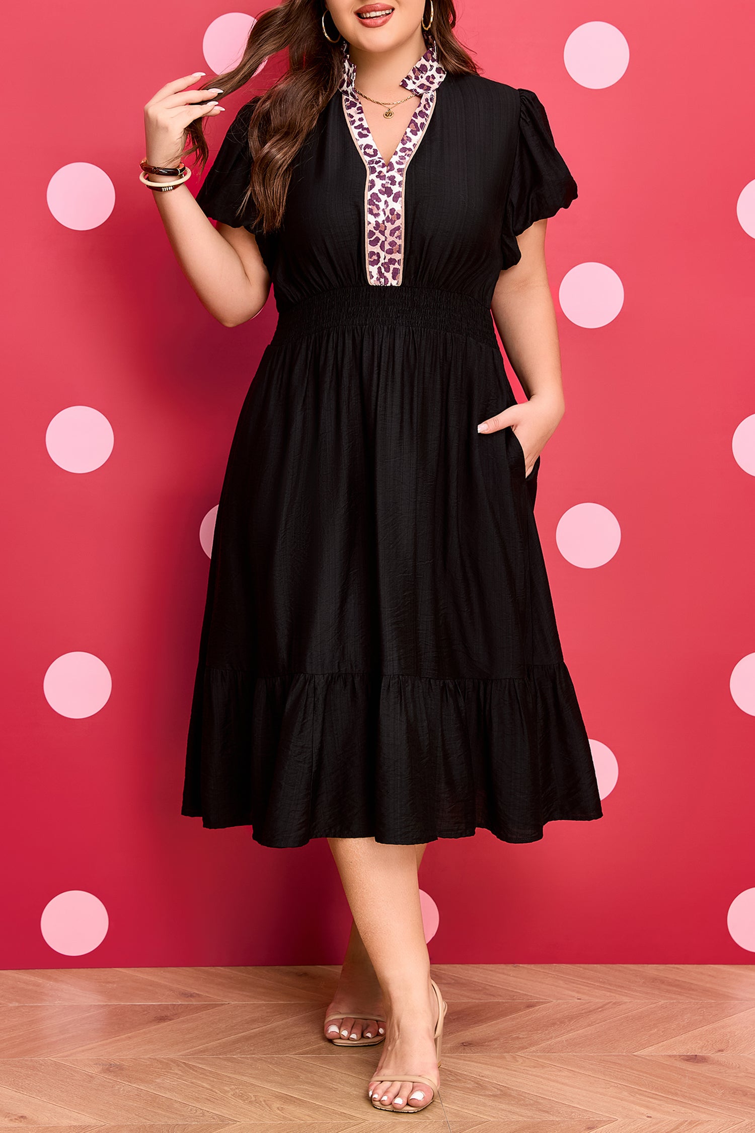 Black Leopard V Neck Patchwork Smocked Waist Plus Size Ruffled Dress-TOPS / DRESSES-[Adult]-[Female]-2022 Online Blue Zone Planet