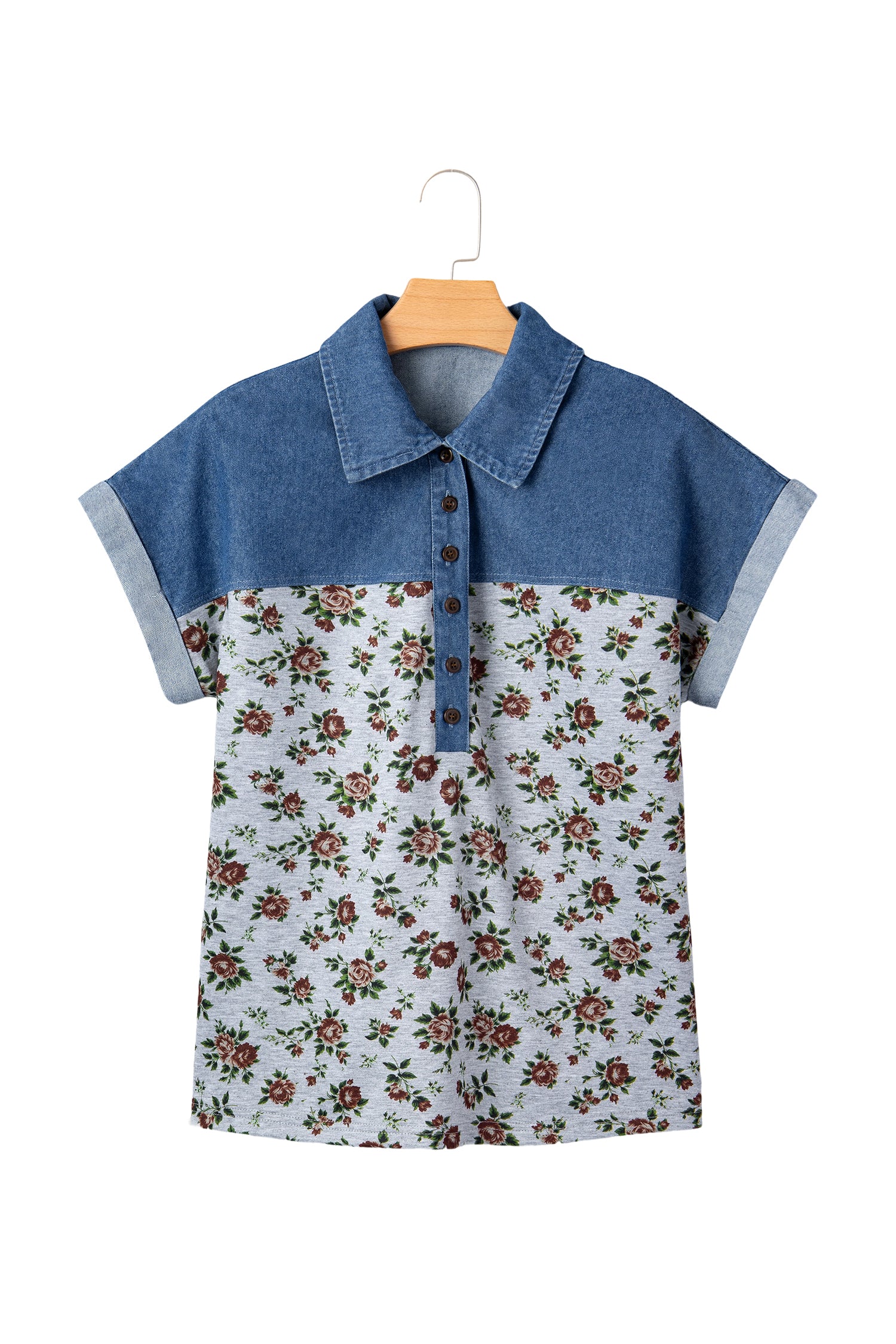 Gray Retro Floral Print Denim Patchwork Buttoned Polo Collar Top-Tops/Blouses & Shirts-[Adult]-[Female]-2022 Online Blue Zone Planet