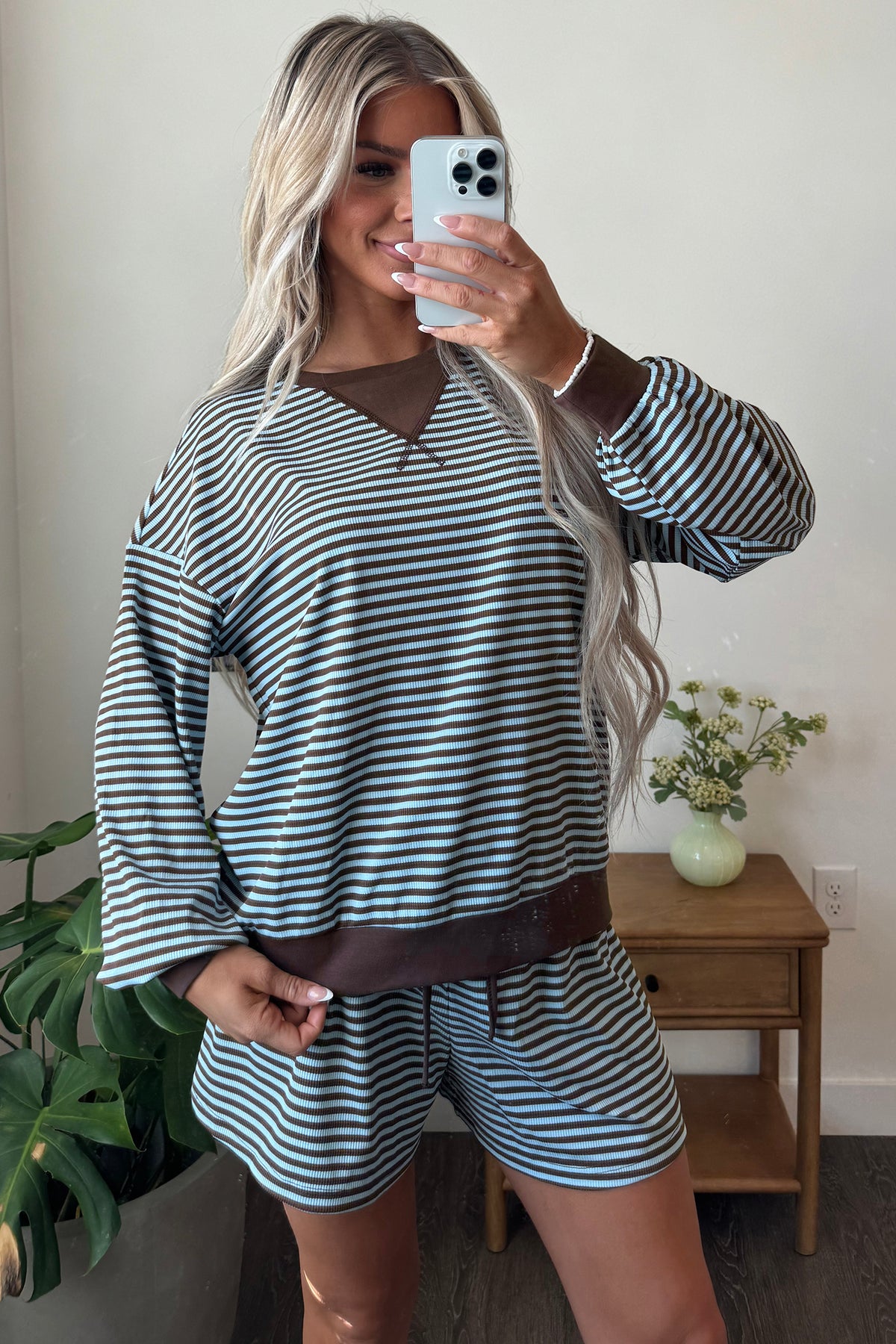 Brown Stripe Oversized Long Sleeve Top Drawstring Loose Shorts 2pcs Set-Two Piece Sets/Short Sets-[Adult]-[Female]-2022 Online Blue Zone Planet