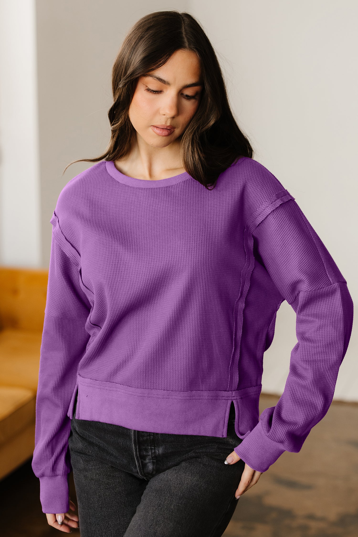 Orchid Mist Solid Color Raw Seam Patchwork Ribbed Drop Shoulder Sweatshirt-Tops/Sweatshirts & Hoodies-[Adult]-[Female]-2022 Online Blue Zone Planet