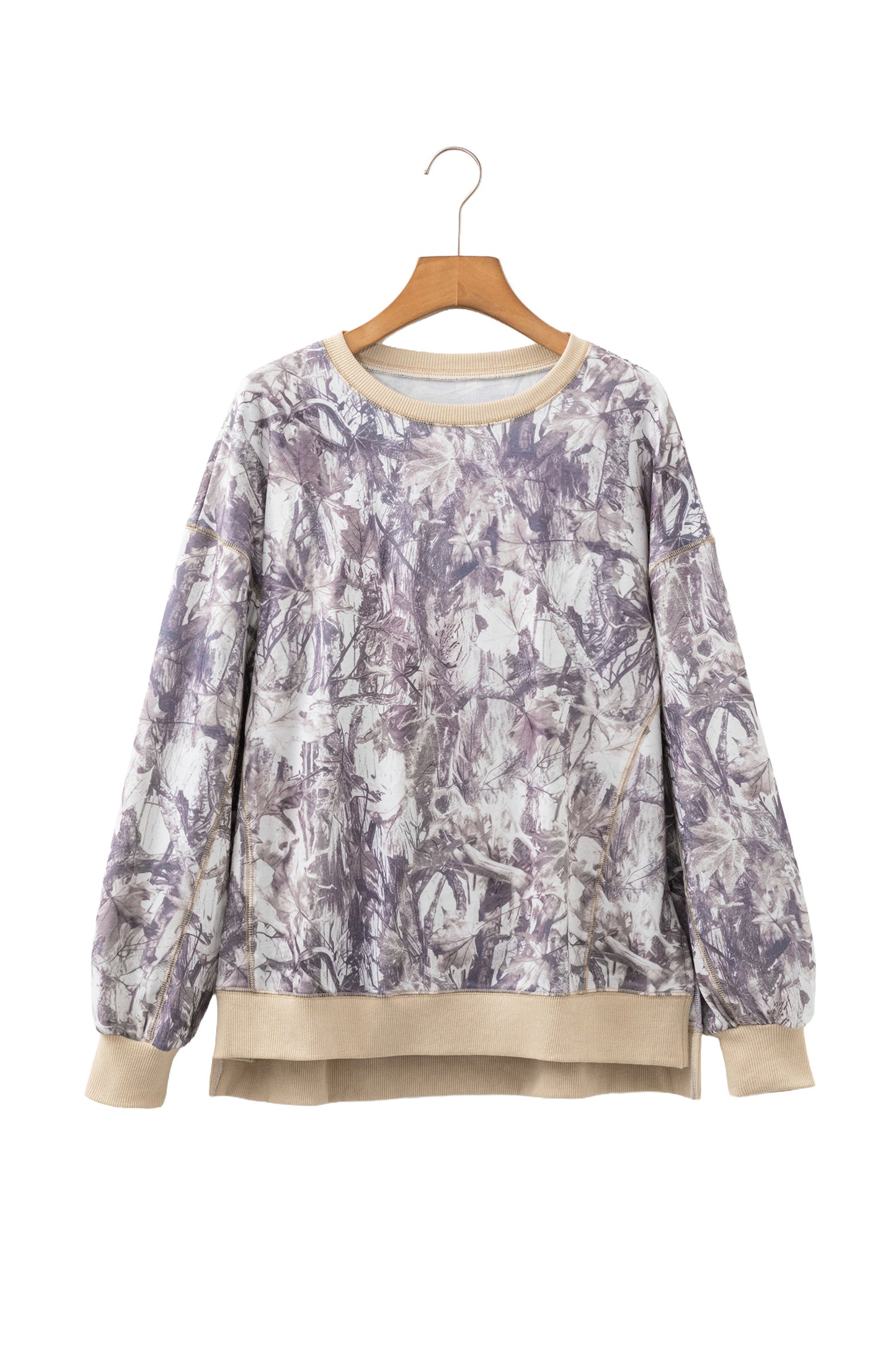 Khaki Abstract Camo Print Colorblock Trim Side Split Tunic Sweatshirt-Tops/Sweatshirts & Hoodies-[Adult]-[Female]-2022 Online Blue Zone Planet