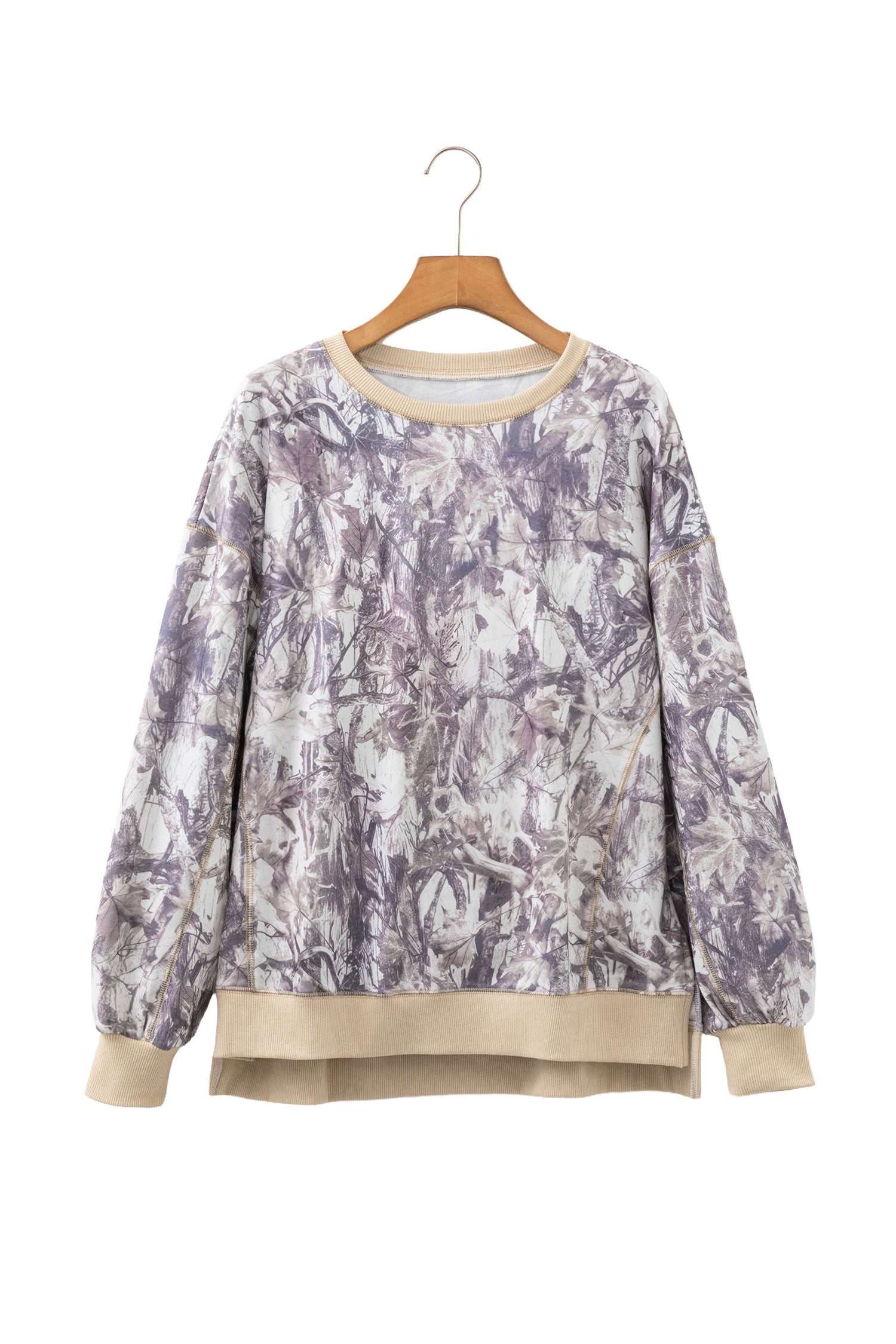 Khaki Abstract Camo Print Colorblock Trim Side Split Tunic Sweatshirt-Tops/Sweatshirts & Hoodies-[Adult]-[Female]-2022 Online Blue Zone Planet