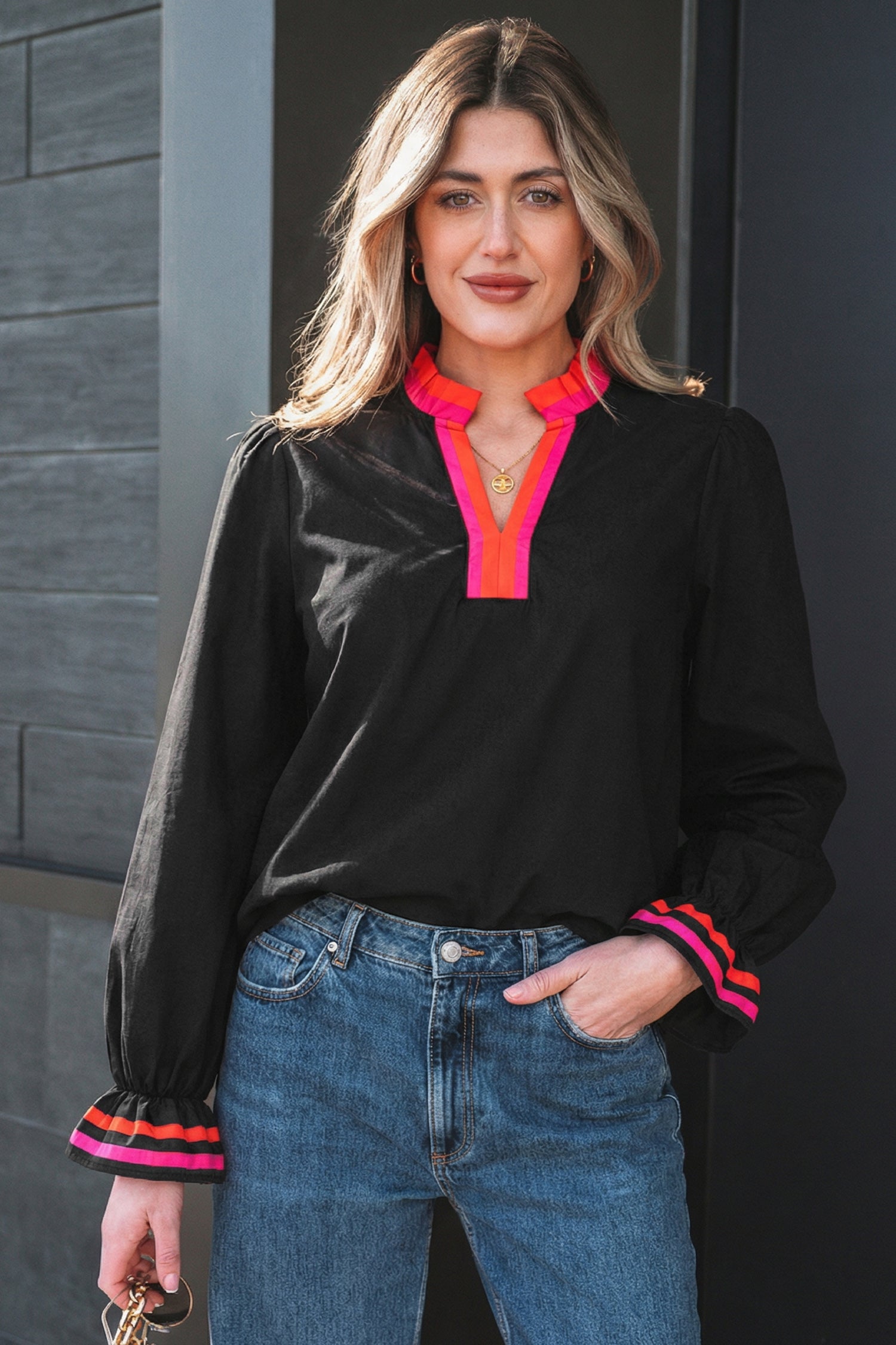 Black Striped Trim Ruffle Split Neck Long Sleeve Blouse-Tops/Blouses & Shirts-[Adult]-[Female]-2022 Online Blue Zone Planet