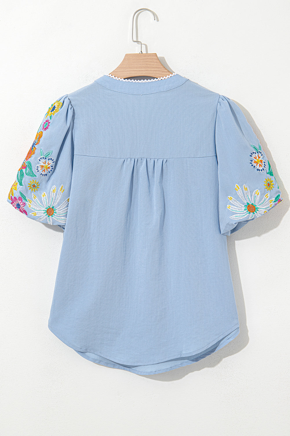 Beau Blue Floral Embroidered Puff Sleeve Split Neck Blouse-Tops/Blouses & Shirts-[Adult]-[Female]-2022 Online Blue Zone Planet