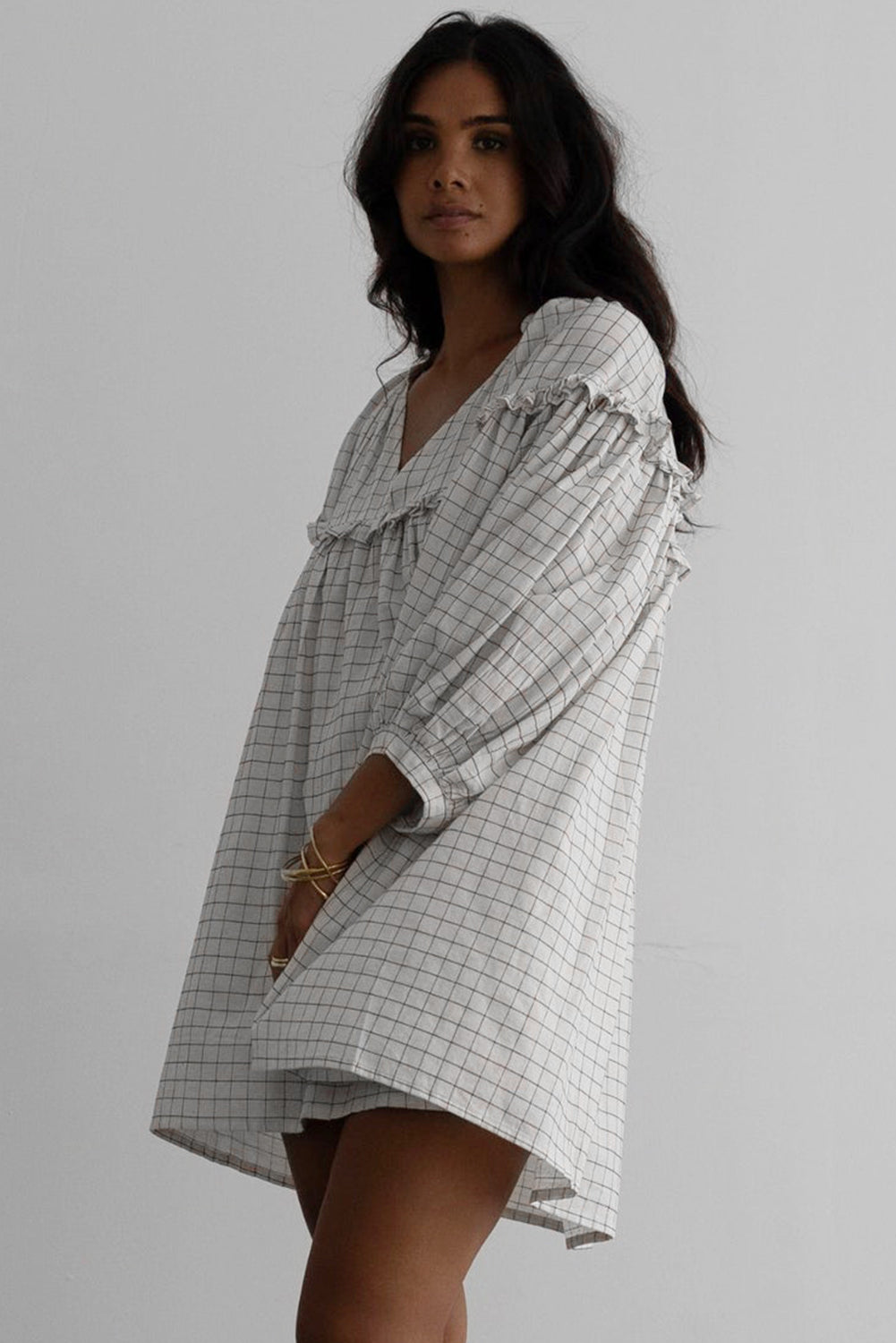 Blue Zone Planet | White Stripe Checkered Frilled V Neck Bracelet Sleeve Babydoll Dress-TOPS / DRESSES-[Adult]-[Female]-2022 Online Blue Zone Planet