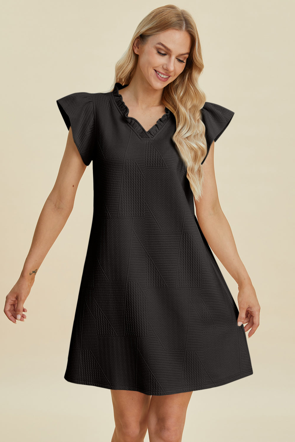 Double Take Full Size Ruffled V-Neck Cap Sleeve Dress-TOPS / DRESSES-[Adult]-[Female]-2022 Online Blue Zone Planet