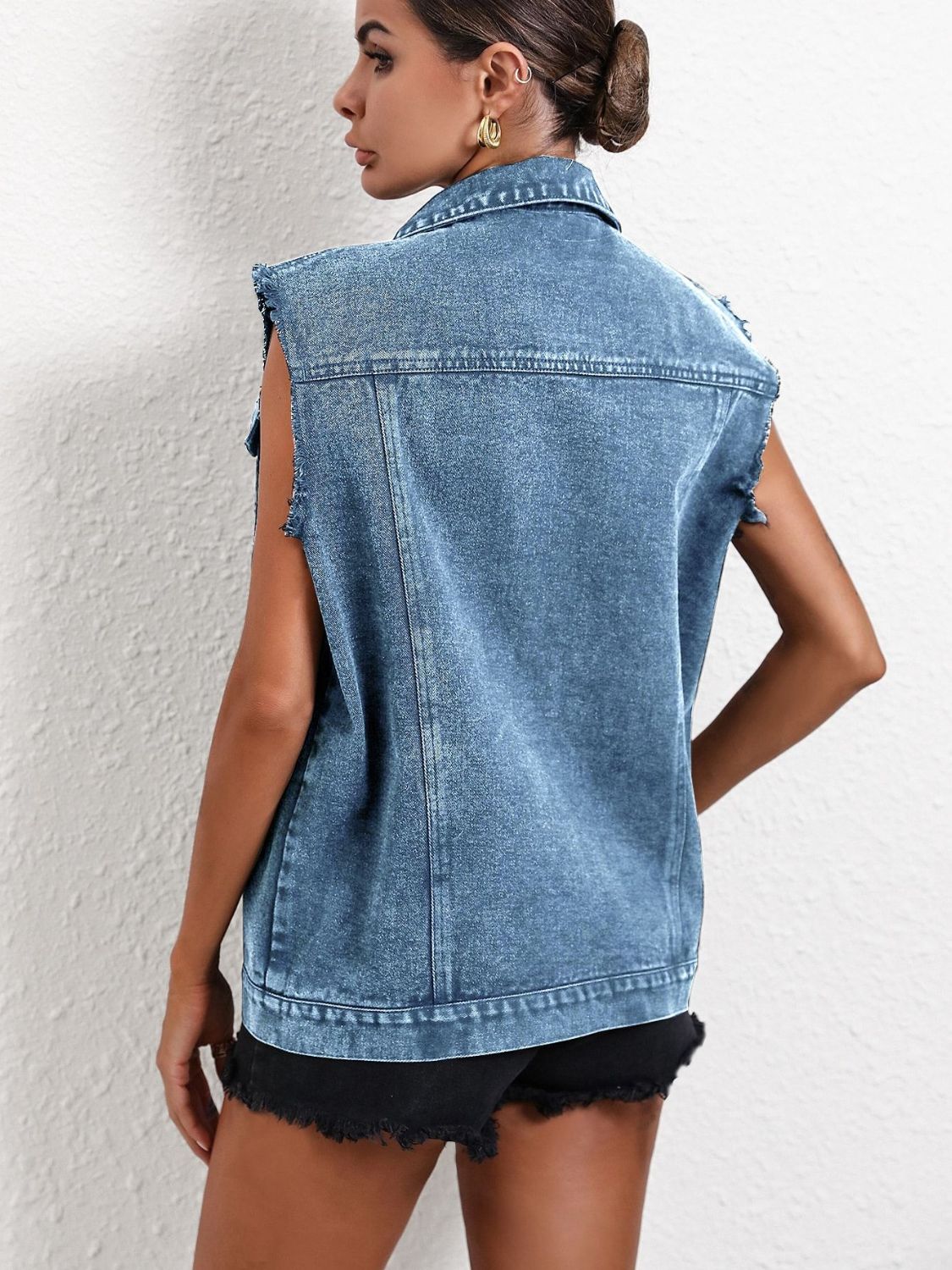 Pocketed Collared Neck Sleeveless Denim Top-TOPS / DRESSES-[Adult]-[Female]-2022 Online Blue Zone Planet