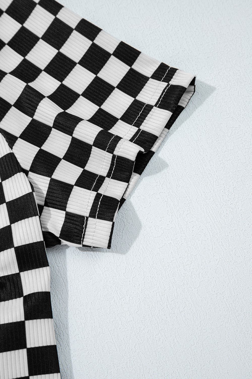 Black Checkered Ribbed Slim Fit Crew Neck T Shirt-Tops/Tops & Tees-[Adult]-[Female]-2022 Online Blue Zone Planet