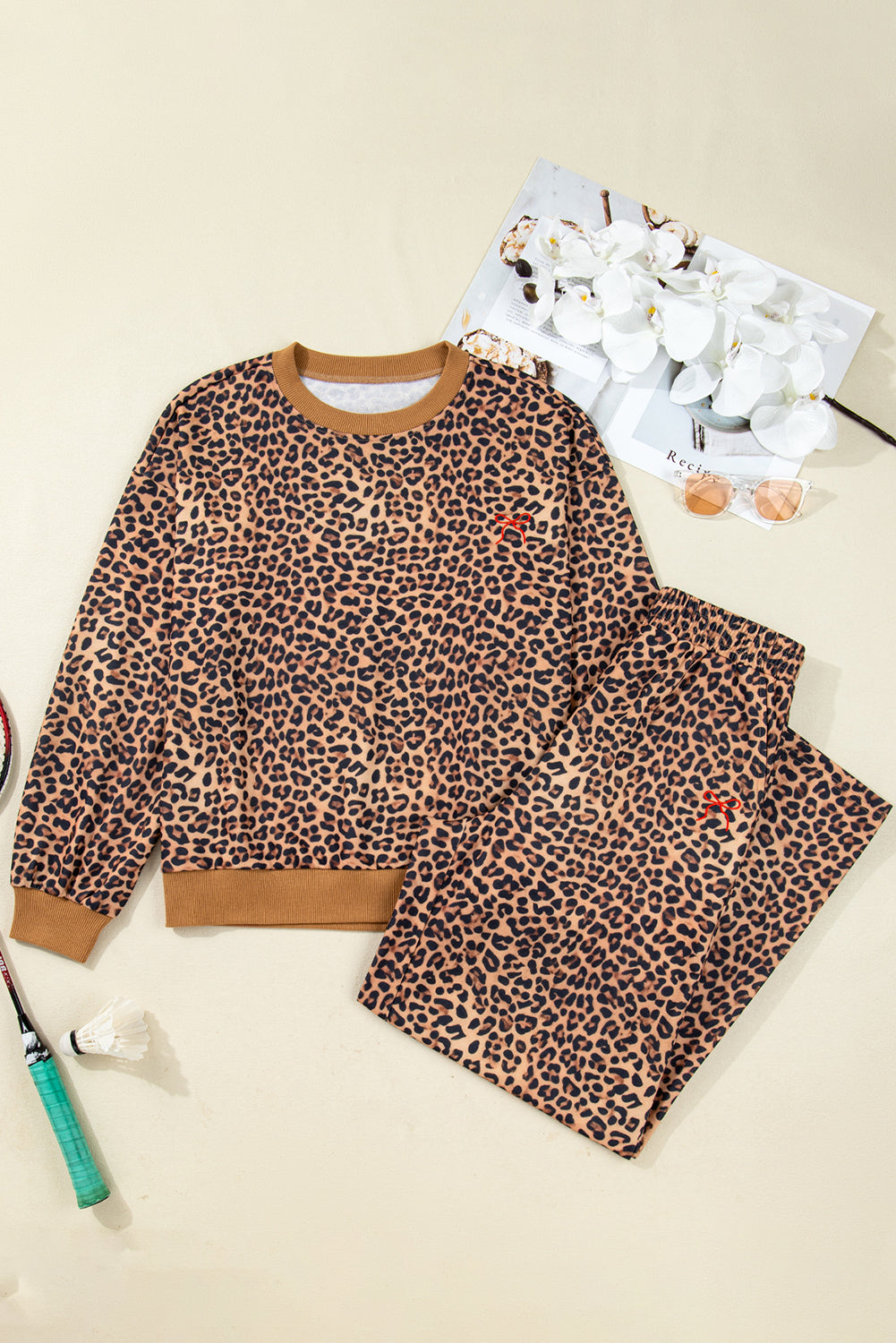 Khaki Leopard Pullover and Pants 2pcs Outfit with Bow Embroidery-Two Piece Sets/Pant Sets-[Adult]-[Female]-2022 Online Blue Zone Planet