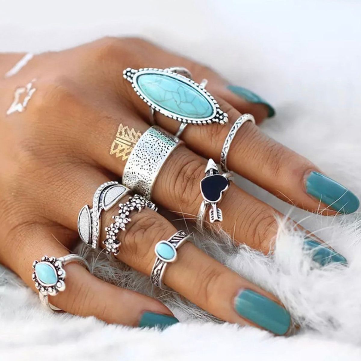 Turquoise Alloy 8-Piece Ring Set-RINGS-[Adult]-[Female]-Silver-One Size-2022 Online Blue Zone Planet