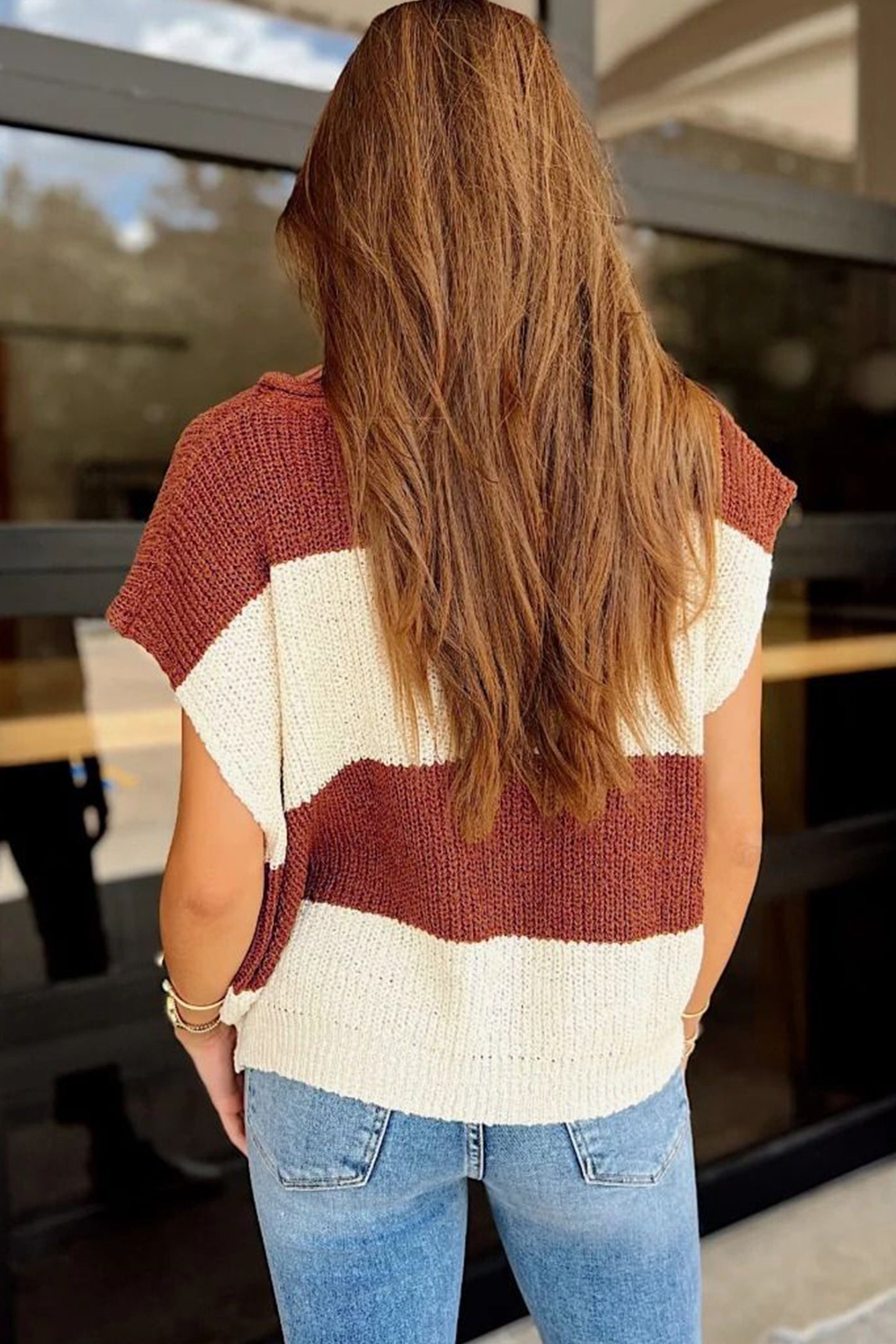 Brown Stripe Striped Colorblock Knit V Neck Short Sleeve Loose Sweater-Sweaters & Cardigans/Short Sleeve Sweaters-[Adult]-[Female]-2022 Online Blue Zone Planet