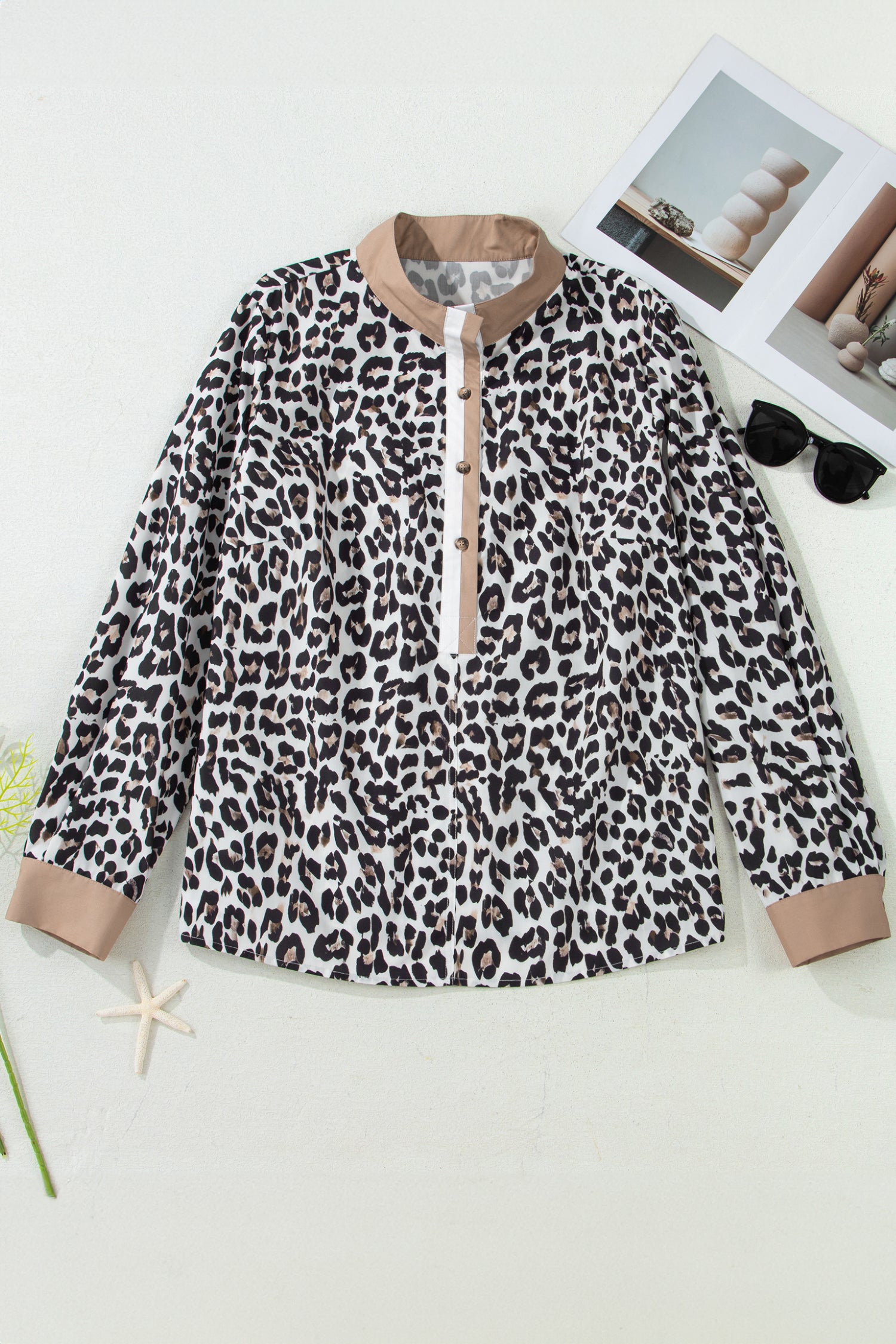 Multicolour Leopard Print Contrast Trim Button Split Neck Plus Long Sleeve Top-Plus Size/Plus Size Tops/Plus Size Long Sleeve Tops-[Adult]-[Female]-2022 Online Blue Zone Planet