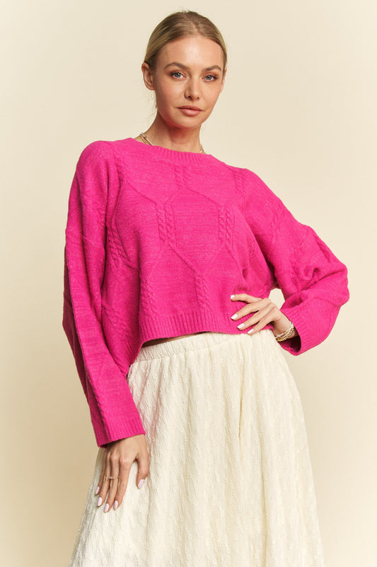 Davi & Dani Diamond Cable Pattern Drop Shoulder Sweater-TOPS / DRESSES-[Adult]-[Female]-Pink-S-2022 Online Blue Zone Planet