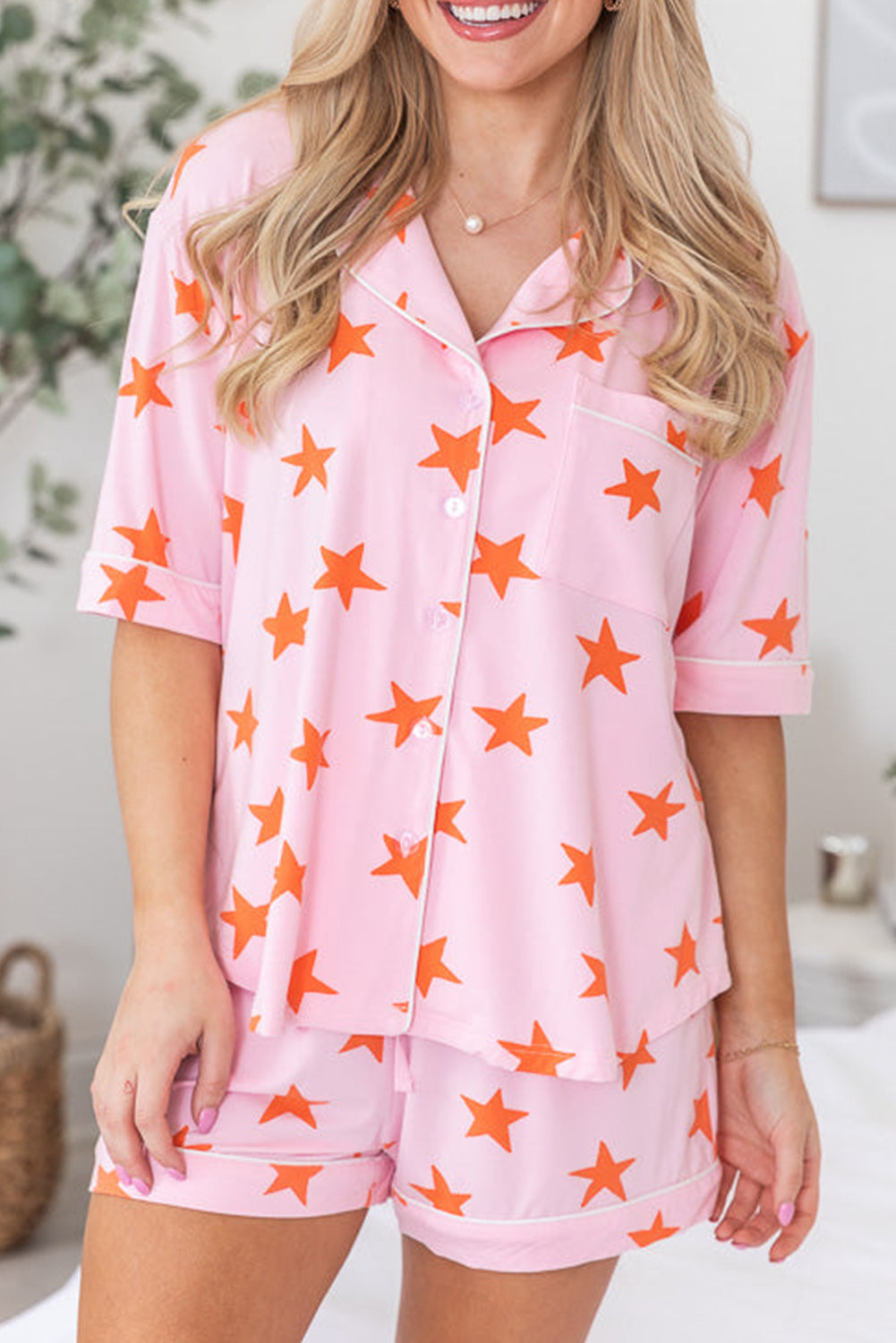 Pink Stars Short Sleeve Shirt and Shorts Bamboo Pajama Set-Loungewear & Sleepwear/Sleepwear-[Adult]-[Female]-Pink-S-2022 Online Blue Zone Planet